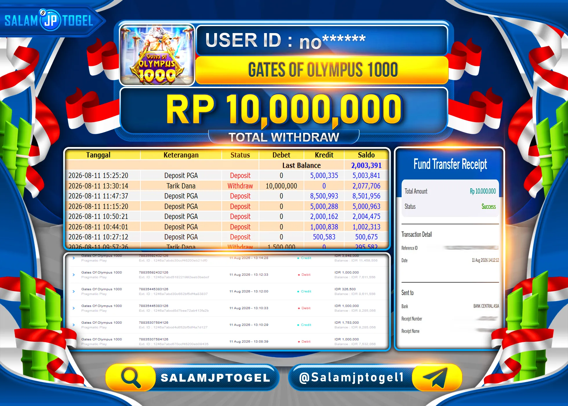 SALAMJPTOGEL JACKPOT MENANG SLOT GACOR GATES OF OLYMPUS 1000 Rp.10,000,000 - LUNAS