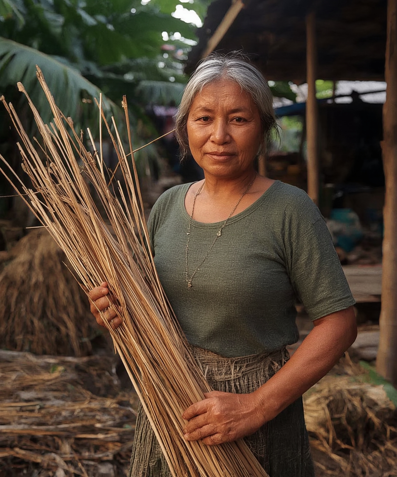 Dayak artisan weaving with Bamban grass