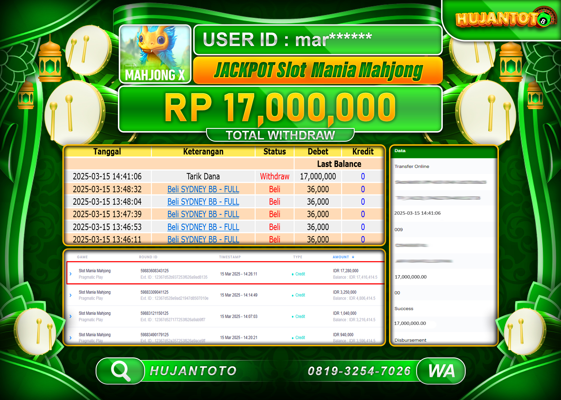 HUJANTOTO - BUKTI JACKPOT MENANG GAME SLOT MANIA MAHJONG , Rp,17,000,000 - TERBAYAR LUNAS