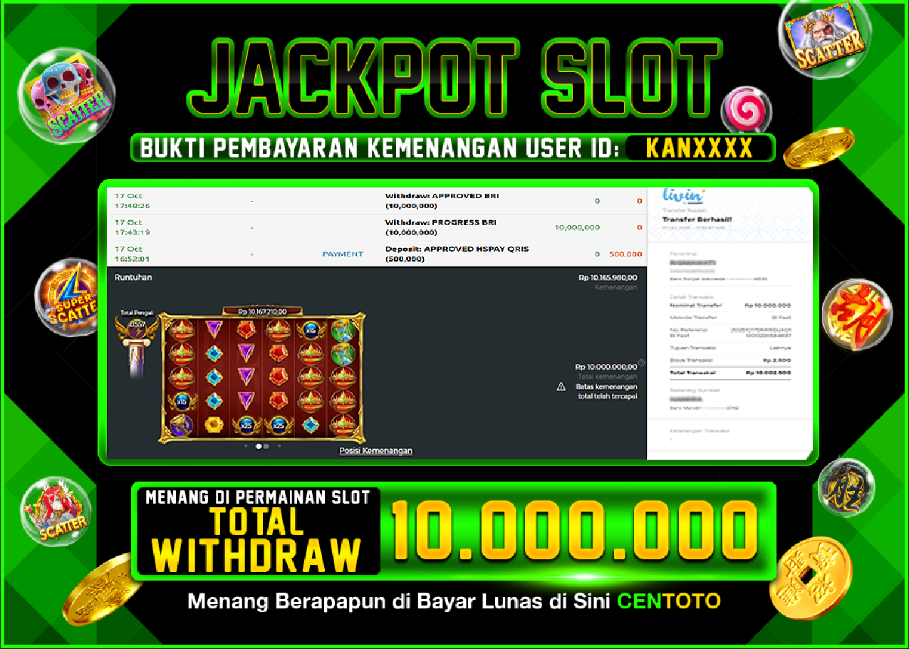 BUKTI JACKPOT SLOT CENTOTO RP.10.000.000,-LUNAS