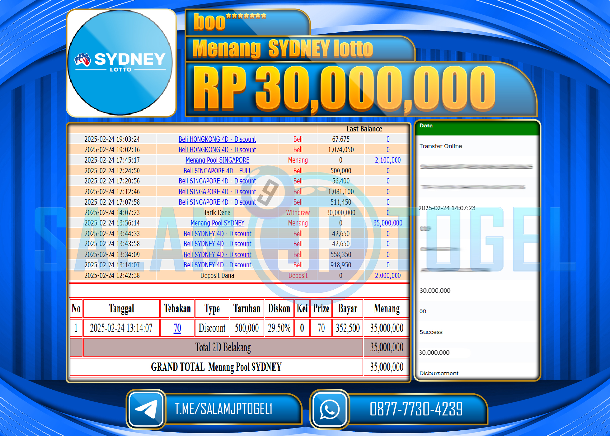 SALAMJPTOGEL MENANG SYDNEY Rp. 30,000,000 LUNAS