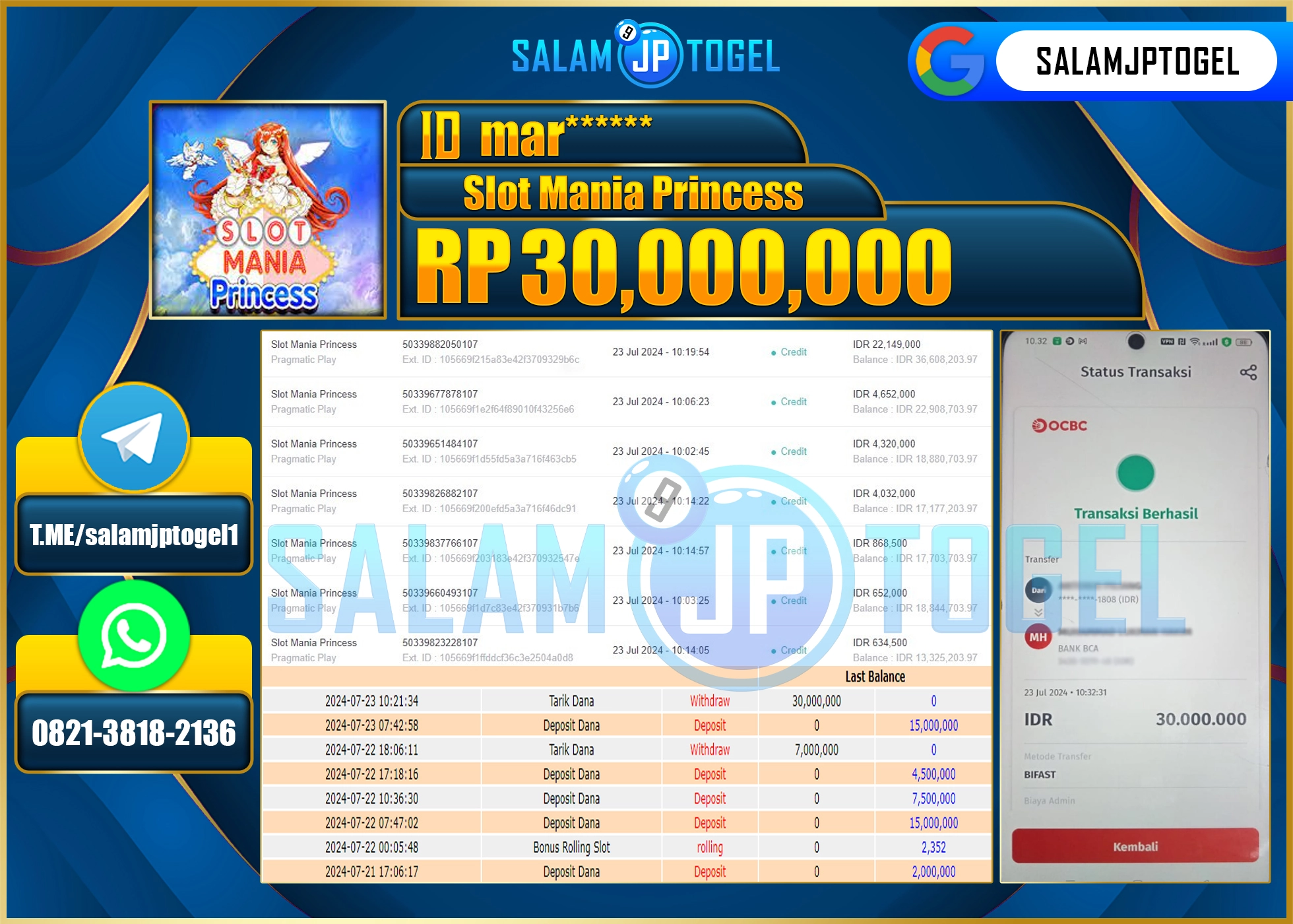 SALAMJPTOGEL MENANG Slot Mania Princess RP. 30,000,000.,LUNAS
