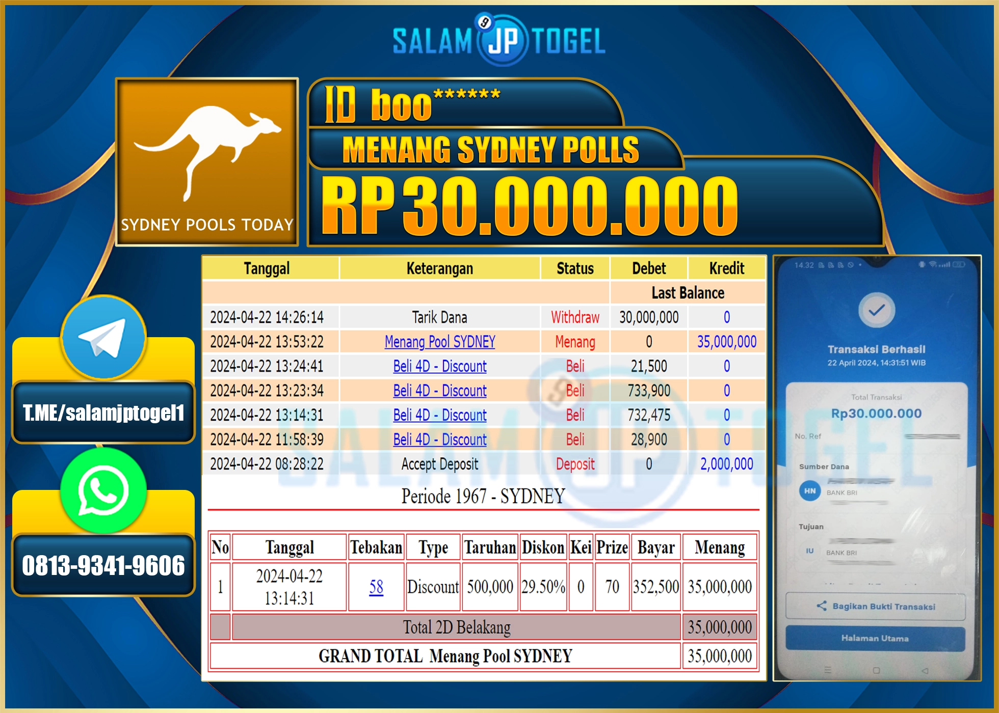 SALAMJPTOGEL JACKPOT TOGEL PASARAN SYDNEY RP.30.000.000.,- LUNAS