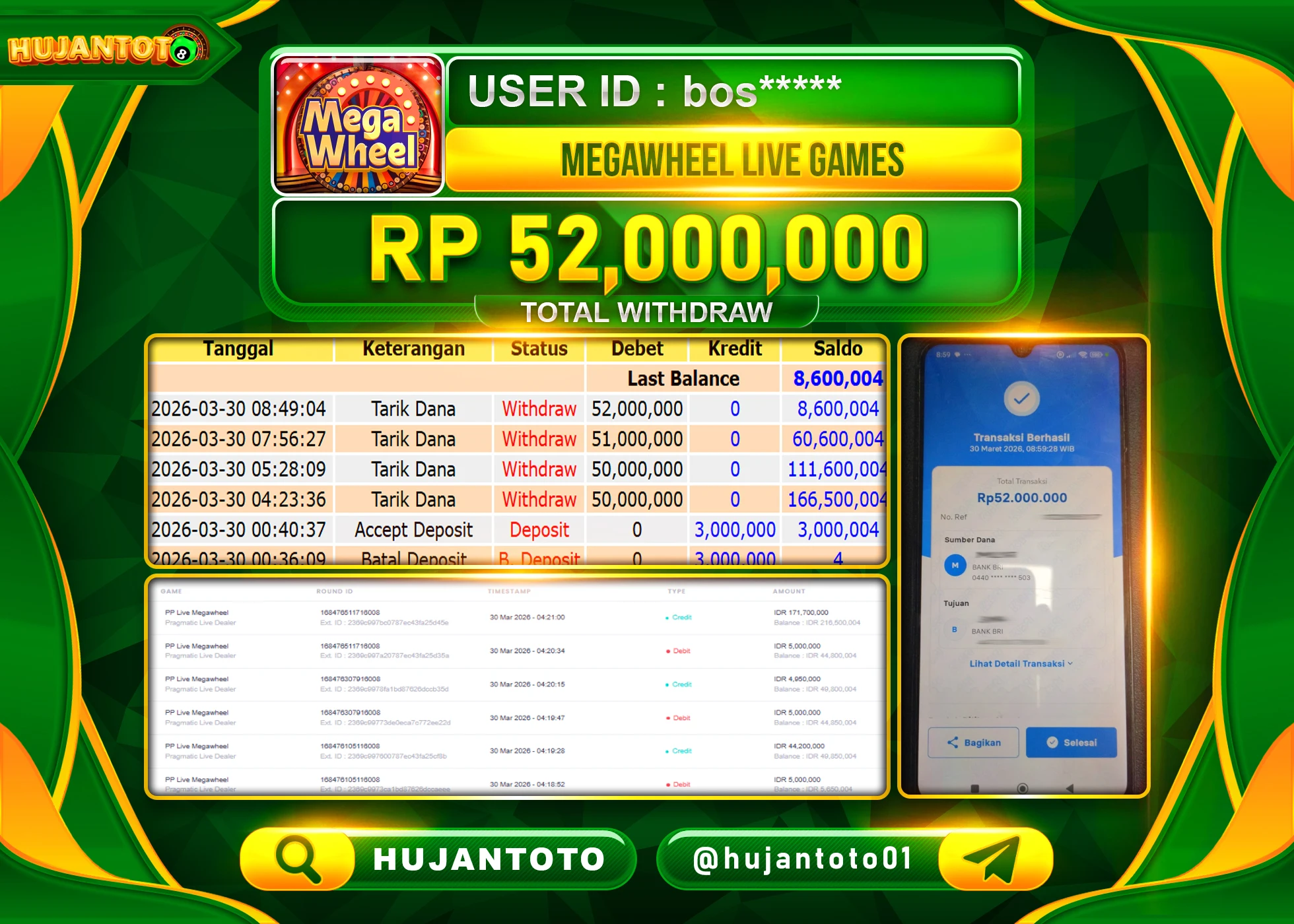 HUJANTOTO - BUKTI JACKPOT MENANG LIVEGAMES  MEGAWHEEL Rp.52,000,000 - TERBAYAR LUNAS