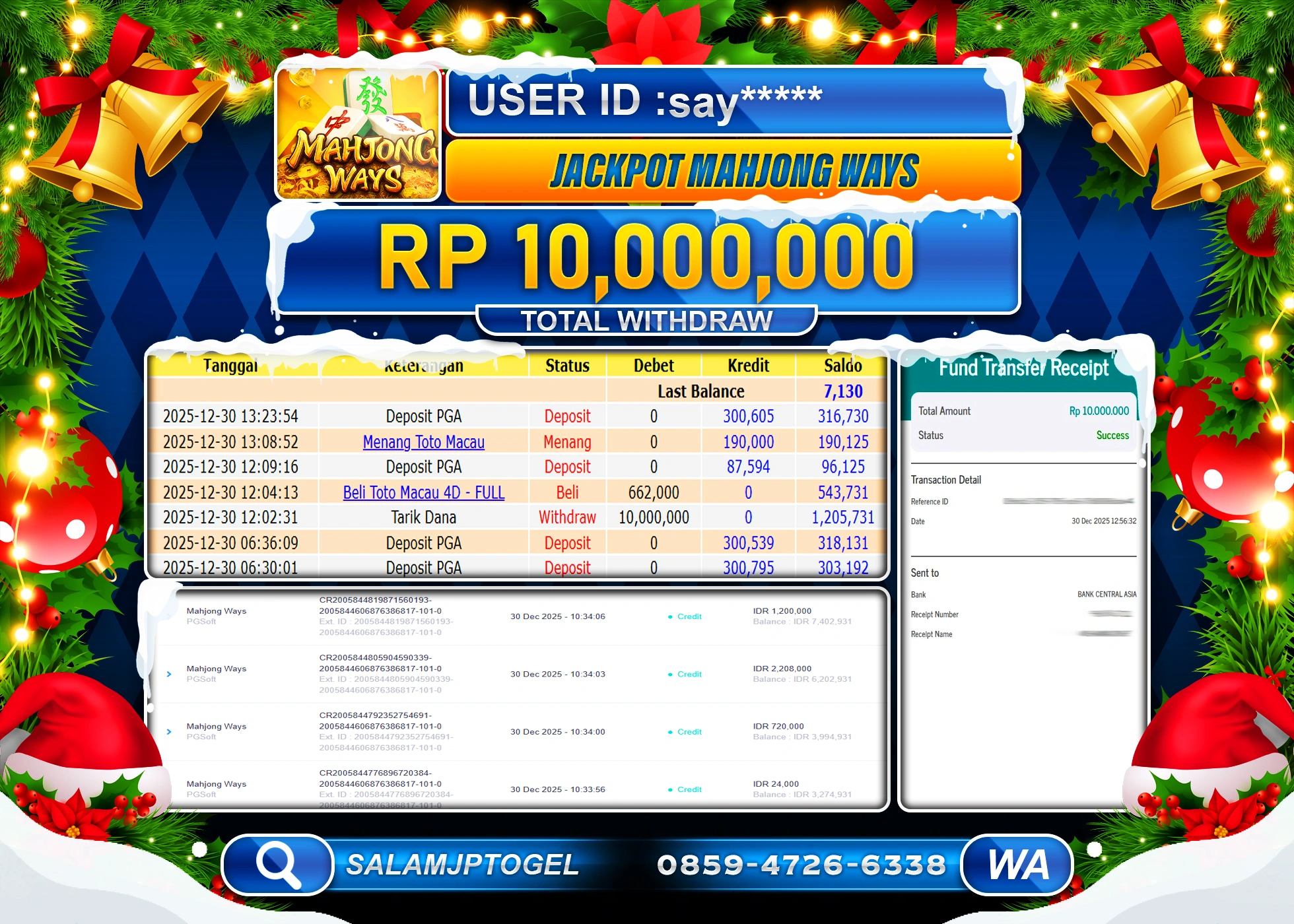 SALAMJPTOGEL JACKPOT MAHJONG WAYS PGSOFT Rp.10,000,000 - LUNAS