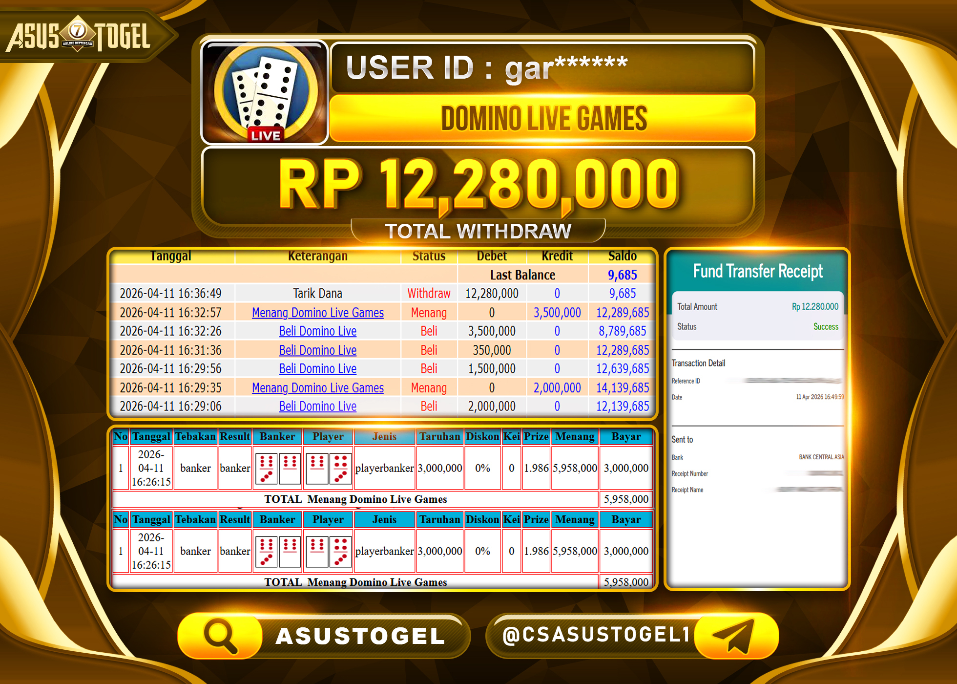 ASUSTOGEL KEMENANGAN JACKPOT DI PERMAINAN DOMINO LIVE GAMES SEBESAR Rp.12,280,000 - RUPIAH LUNAS