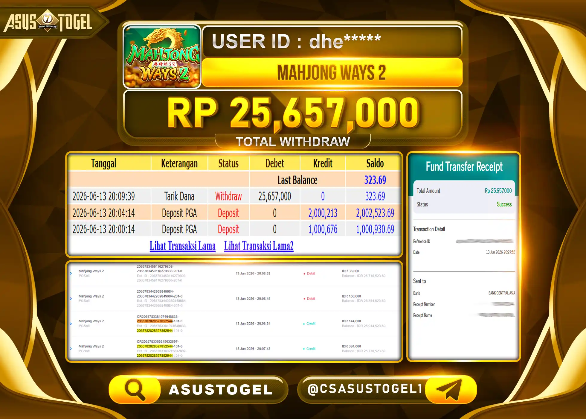 ASUSTOGEL KEMENANGAN JACKPOT PERMAINAN SLOT MAHJONG WAYS 2 Rp.25,657,000 - RUPIAH LUNAS
