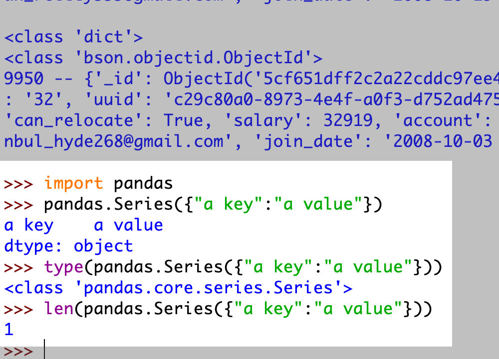 Screenshot of IDLE creating a Pandas Series object from a Python dictionary