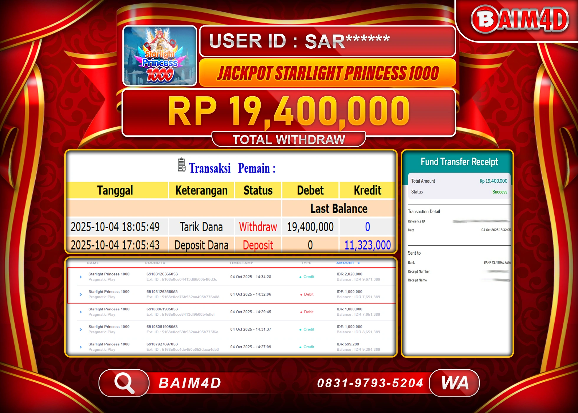 BAIM4D JACKPOT SLOT STARLIGHT PRINCESS 1000 Rp.19,400,000.- LUNAS