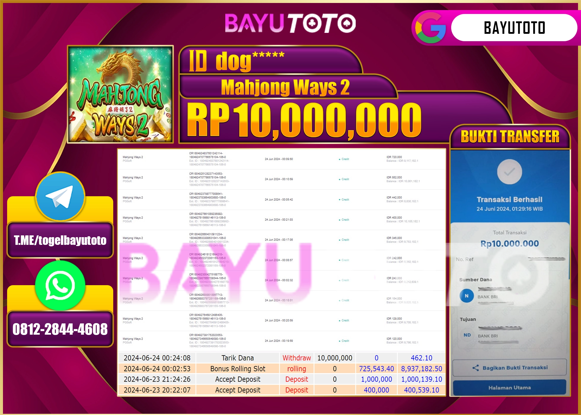 BAYUTOTO JACKPOT SLOT GAMES MAHJONG WAYS 2 Rp.10.000.00 LUNAS