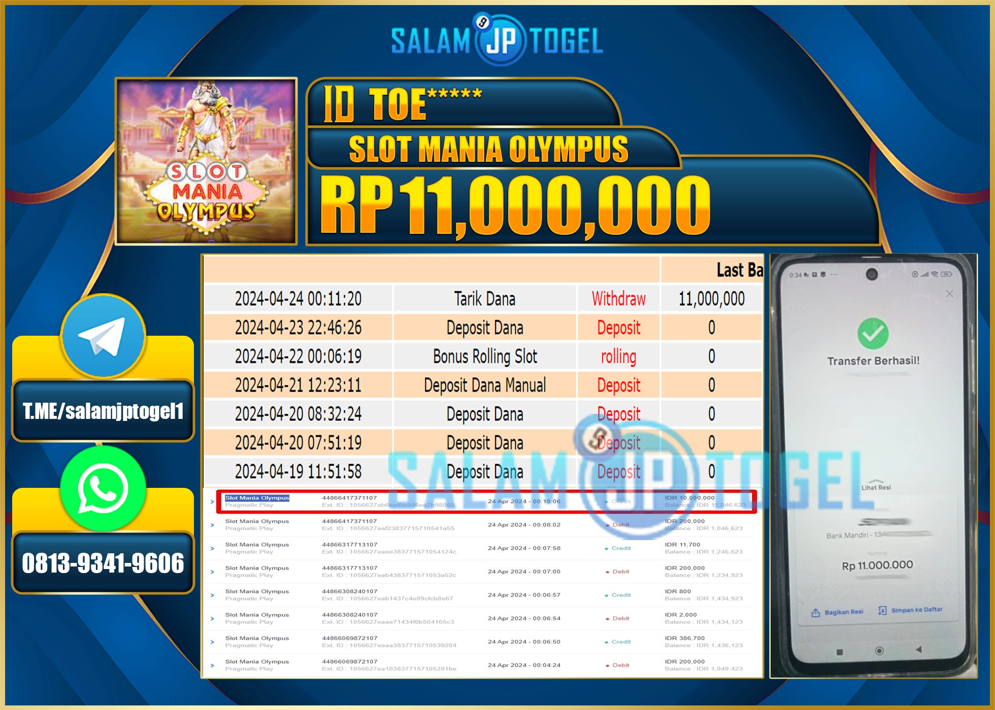 SALAMJPTOGEL JACKPOT SLOT MANIA OLYMPUS RP.11.000.000.,- LUNAS