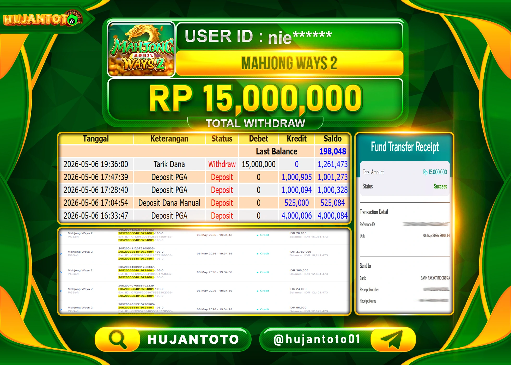 HUJANTOTO - BUKTI JACKPOT MENANG SLOT MAHJONG WAYS 2 PG SOFT Rp.15,000,000 - TERBAYAR LUNAS