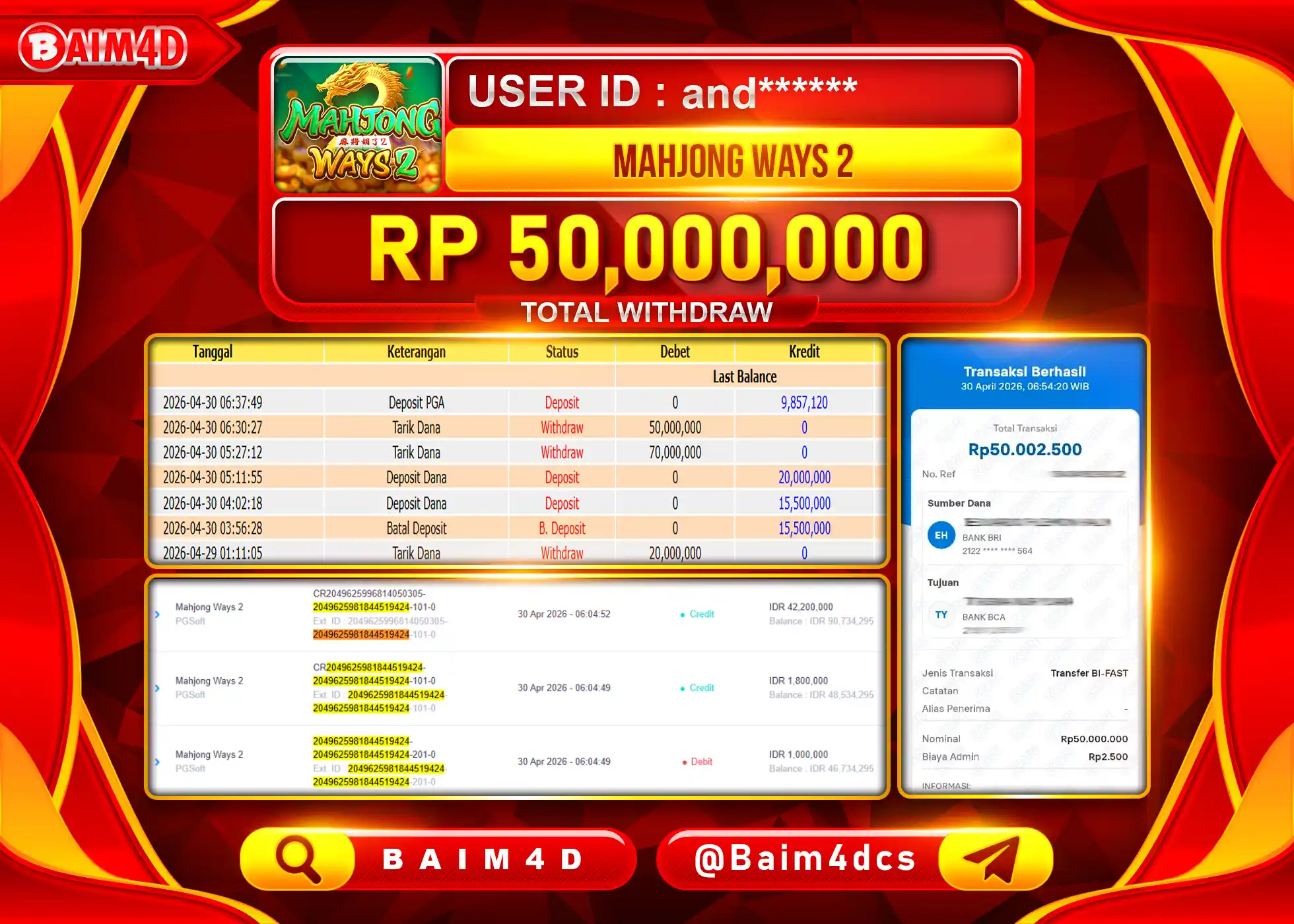 BAIM4D JACKPOT SLOT MAHJONG WAYS 2 Rp.50,000,000 - LUNAS