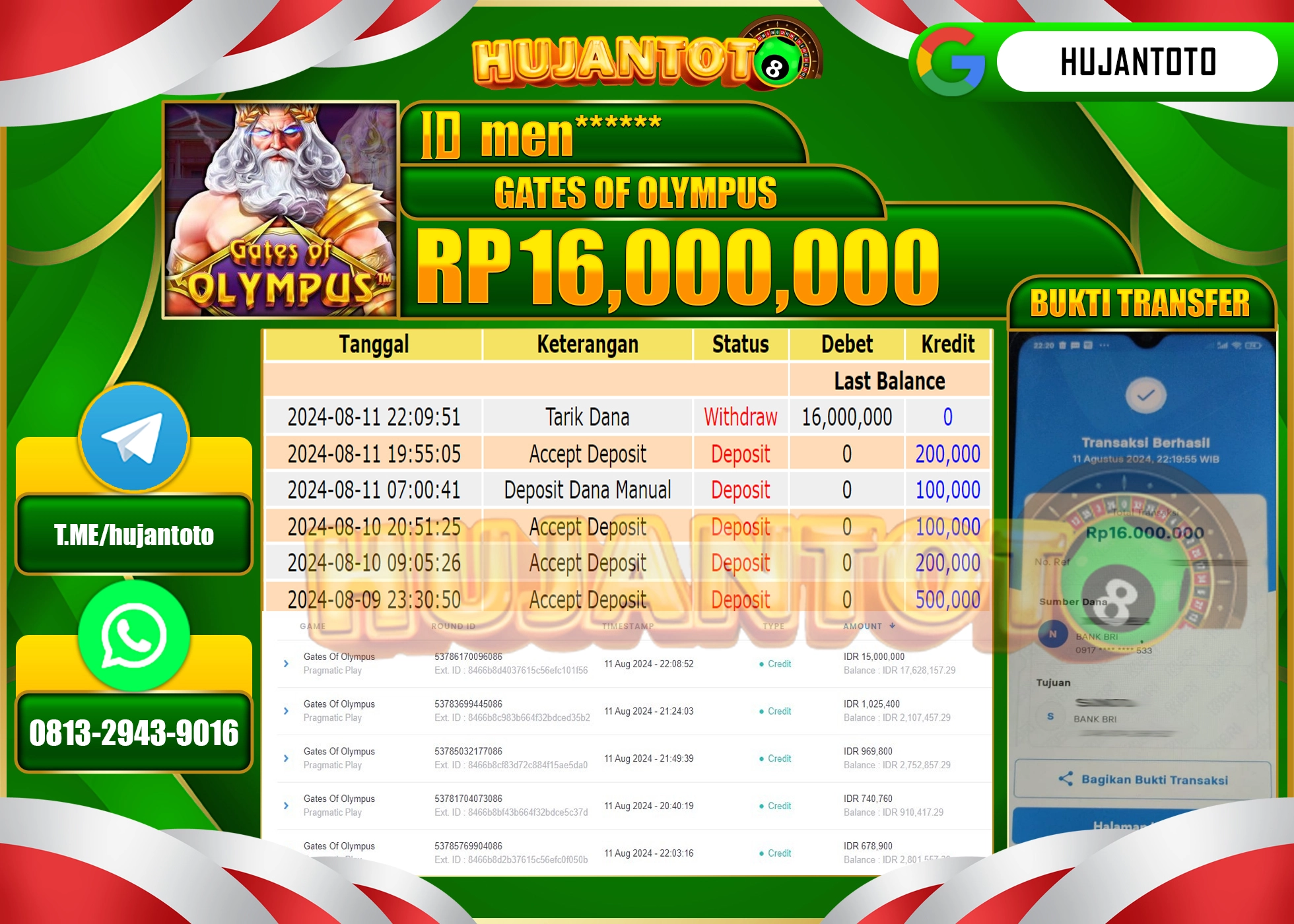 HUJANTOTO MENANG BESAR DI PERMAINAN GATES OF OLYMPUS 1000, 16.000.000  - LUNAS 