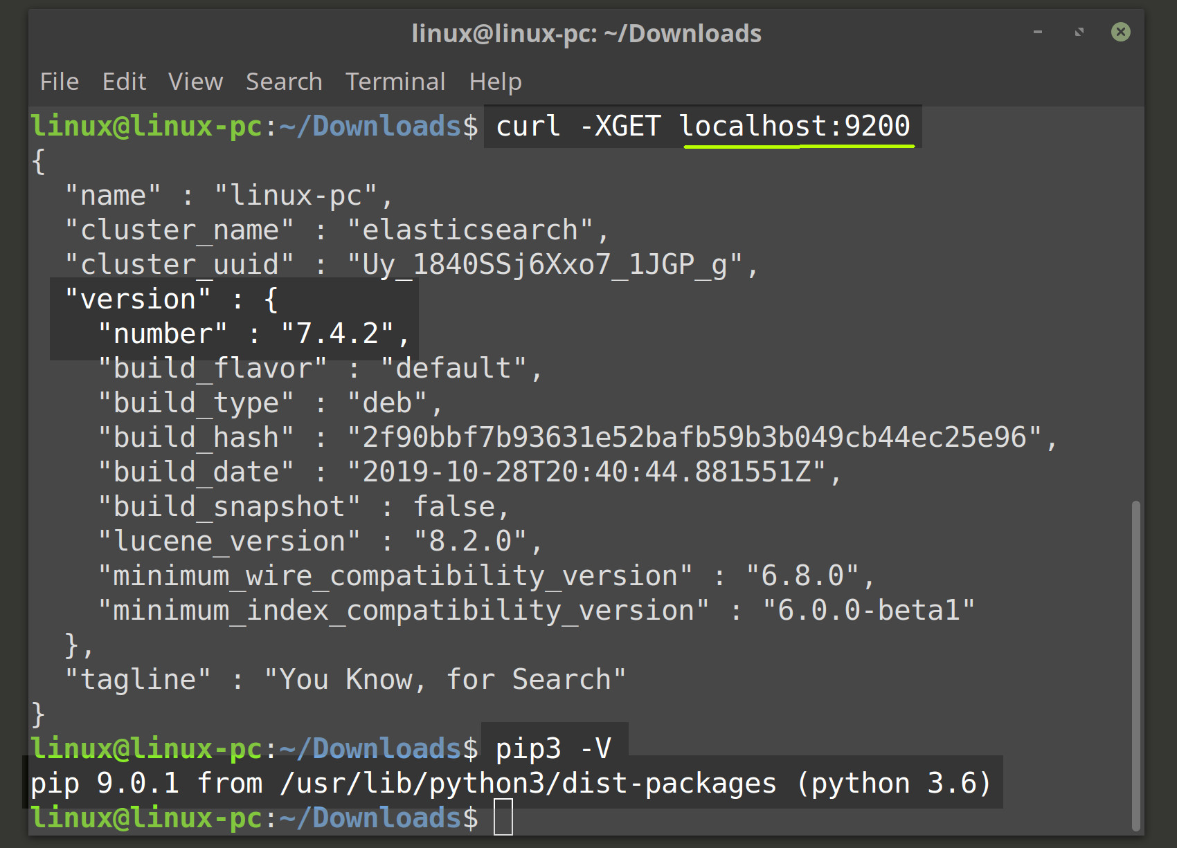 Screenshot of Python PIP3 and Elasticsearch versions in terminal