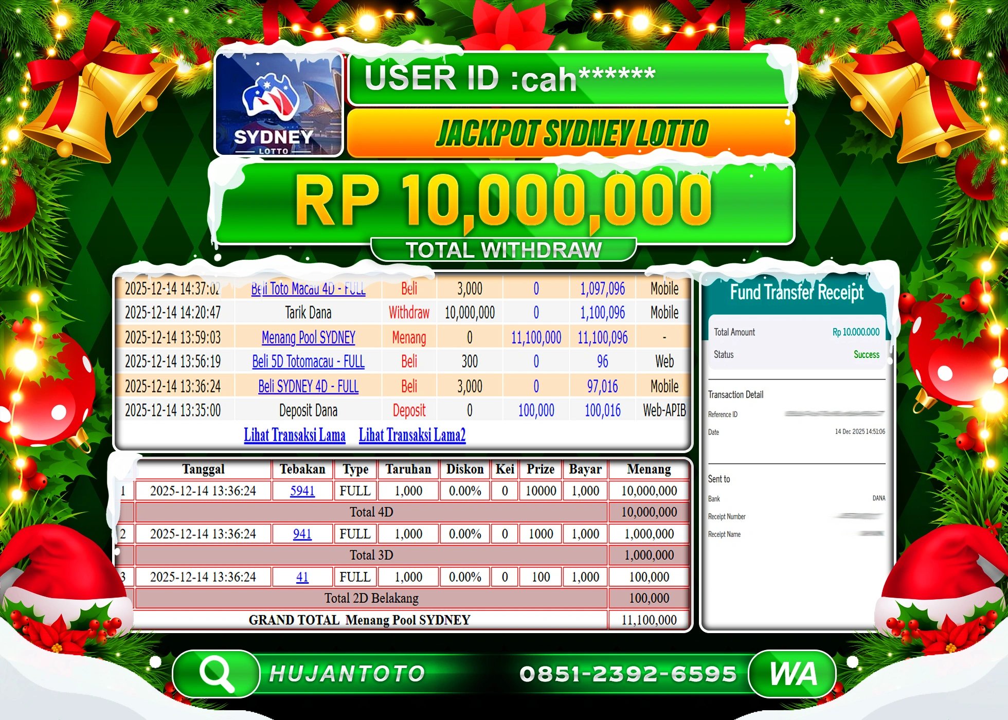 HUJANTOTO - BUKTI JACKPOT MENANG TOGEL PASARAN SYDNEY LOTTO Rp.10,000,000 - TERBAYAR LUNAS