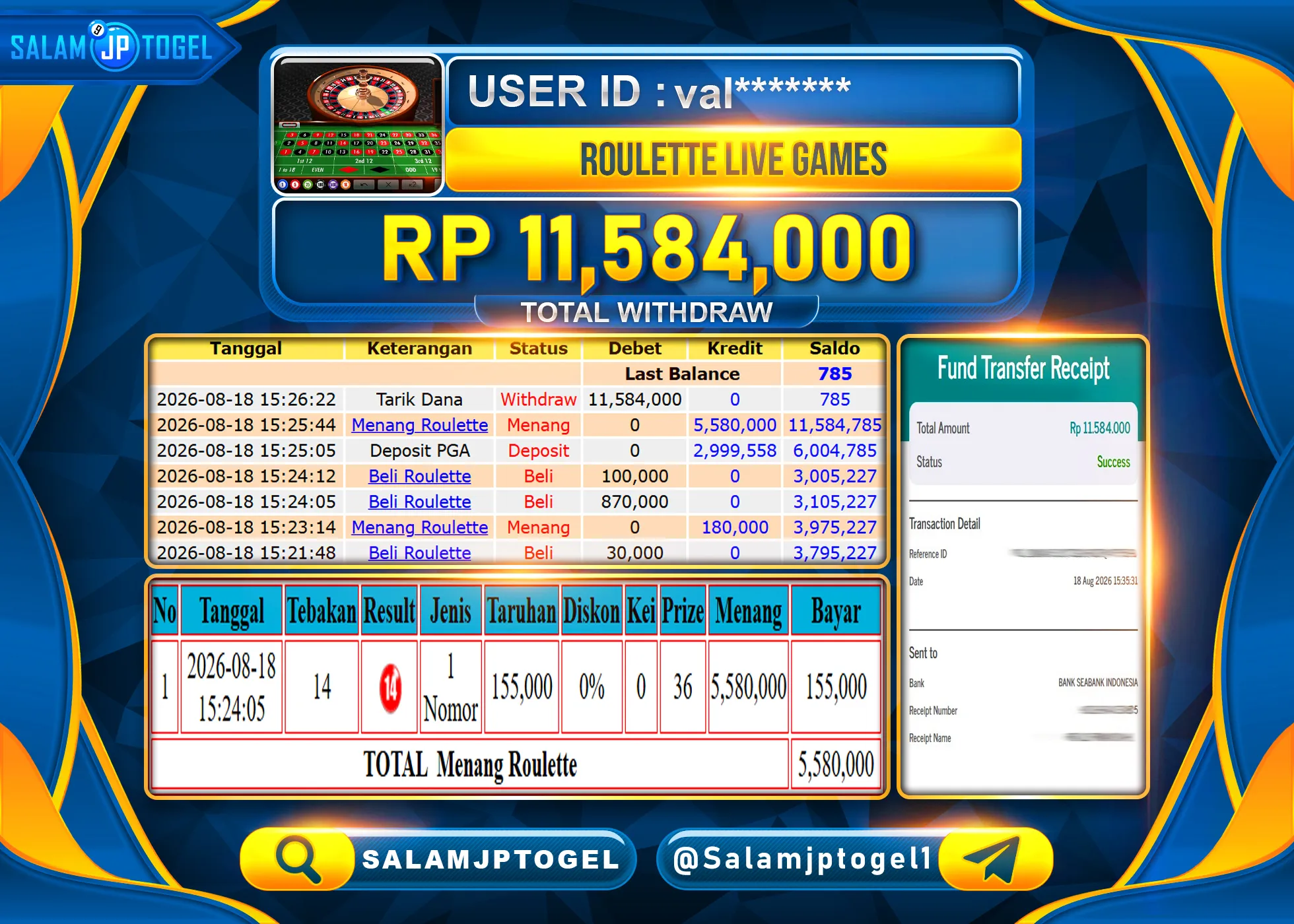 SALAMJPTOGEL JACKPOT MENANG CASINO ROULETTE GAMES ONLINE Rp.11,584,000 - LUNAS