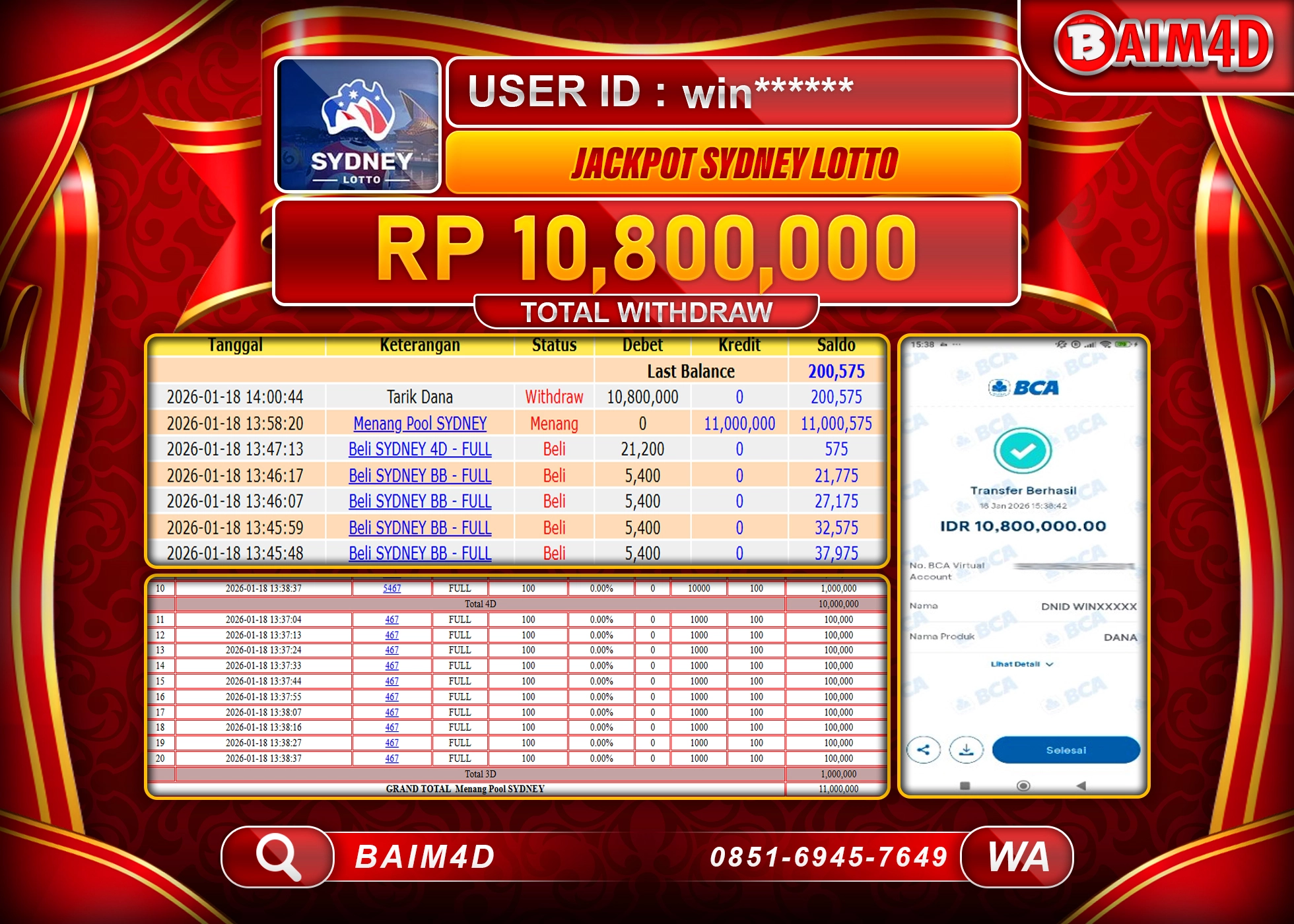 BAIM4D JACKPOT TOGEL SYDNEY LOTTO Rp.10,800,000 - LUNAS
