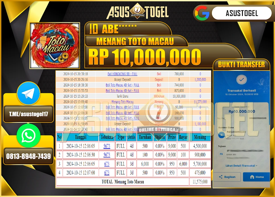 ASUSTOGEL KEMENANGAN  DI GAMES   MENANG  TOGEL  TOTO MACAU  SEBESAR   10,000,000- RUPIAH LUNAS