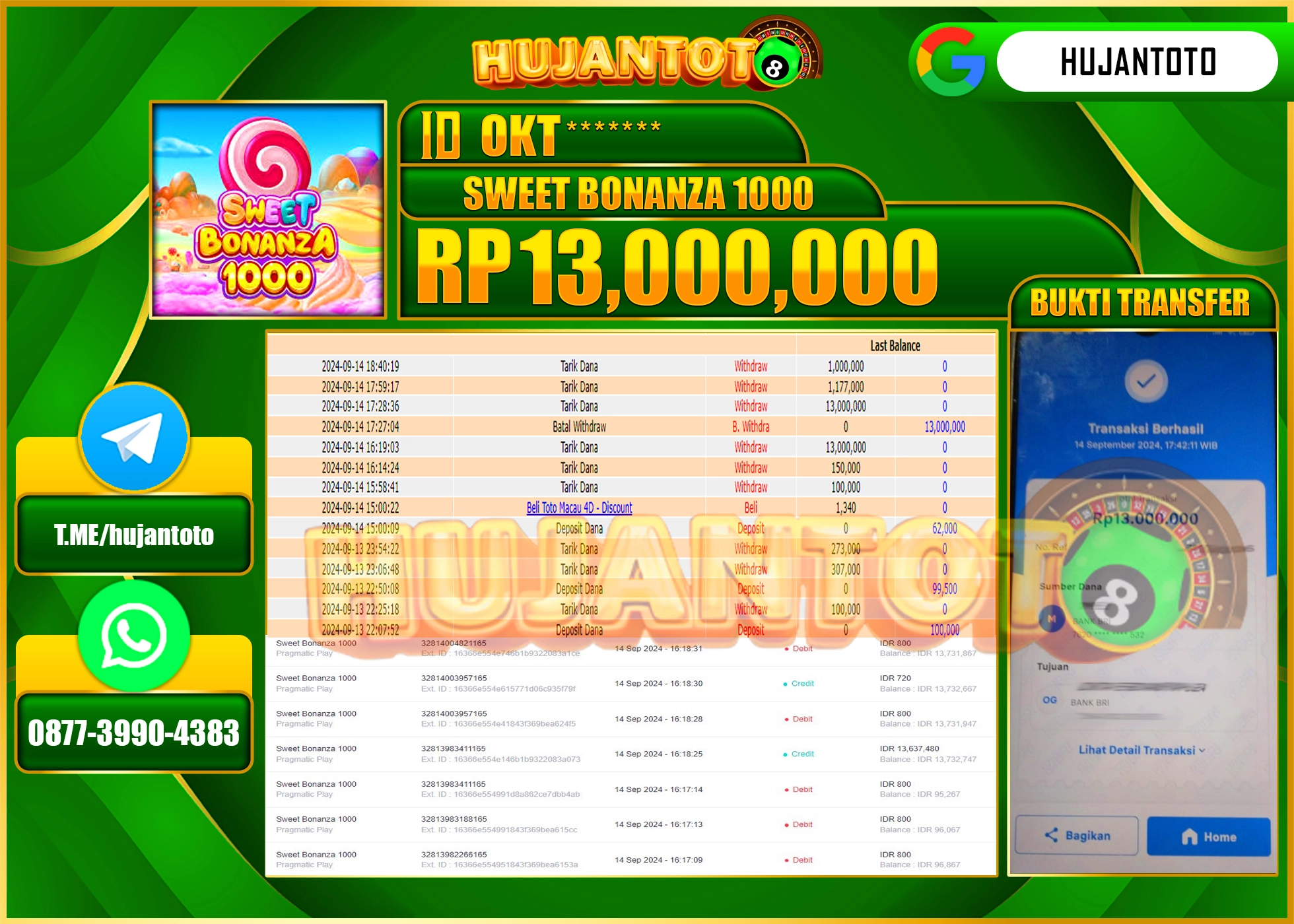 HUJANTOTO MENANG BESAR DI PERMAINAN SLOT SWEET BONANZA 1000  13,000,000 - LUNAS 
