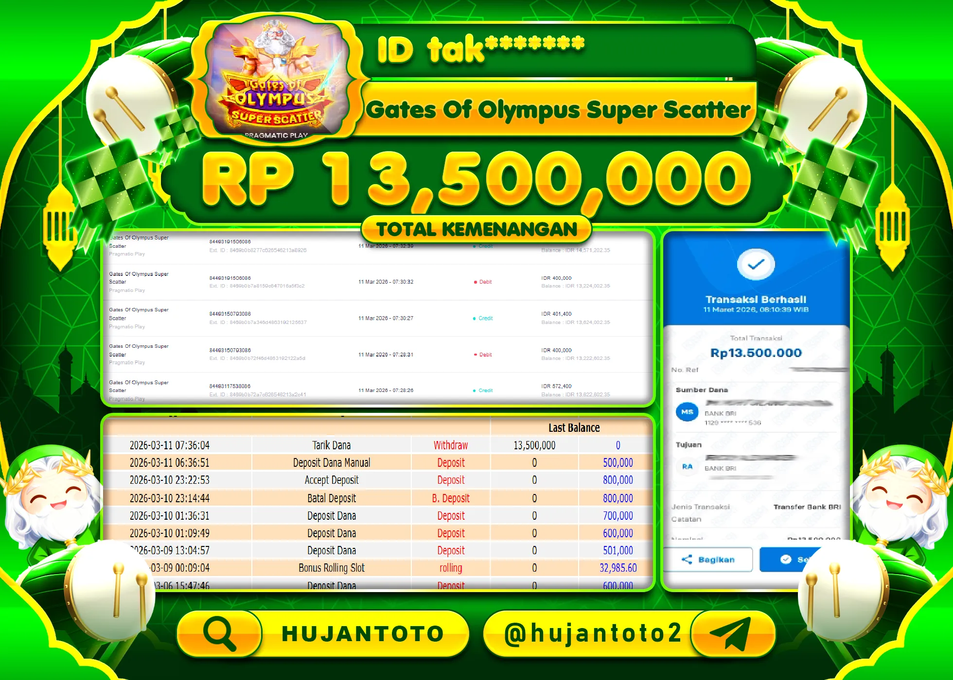 HUJANTOTO - BUKTI JACKPOT MENANG SLOT GATES OF OLYMPUS SUPER SCATTER Rp.13,500,000 - TERBAYAR LUNAS
