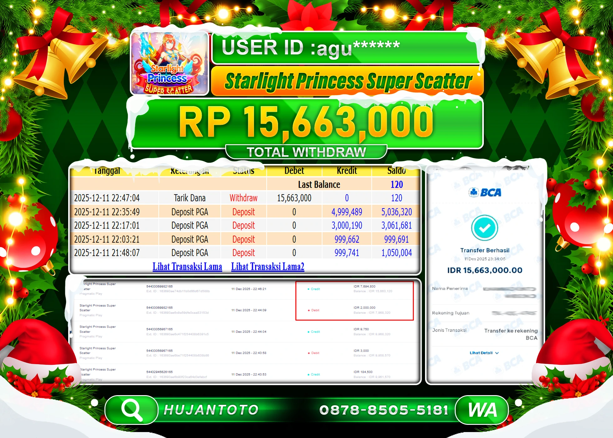 HUJANTOTO - BUKTI JACKPOT MENANG SLOT STARLIGHT PRINCESS SUPER SCATTER Rp.15,663,000 - TERBAYAR LUNAS