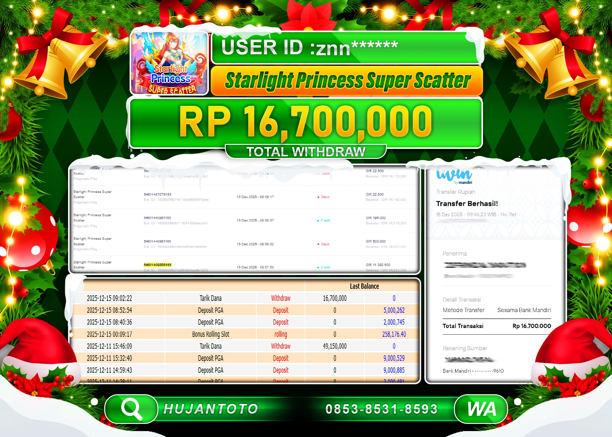 HUJANTOTO - BUKTI JACKPOT MENANG SLOT STARLIGHT PRINCESS SUPER SCATTER Rp.16,700,000 - TERBAYAR LUNAS