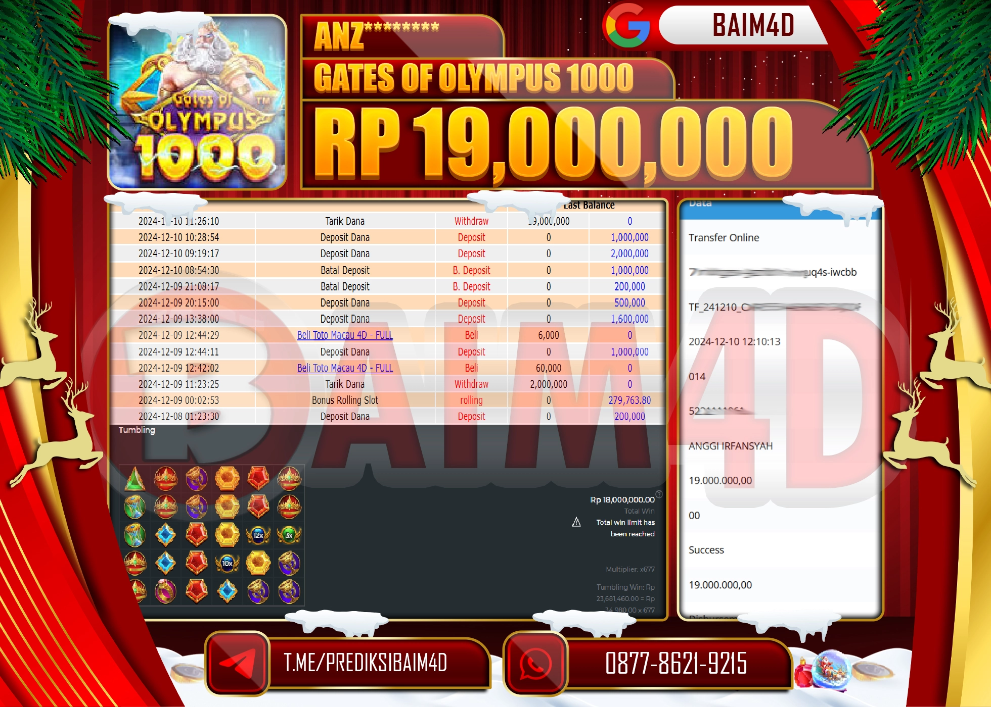 BAIM4D JACKPOT Gates Of Olympus 1000 Rp.19,000,000.- LUNAS