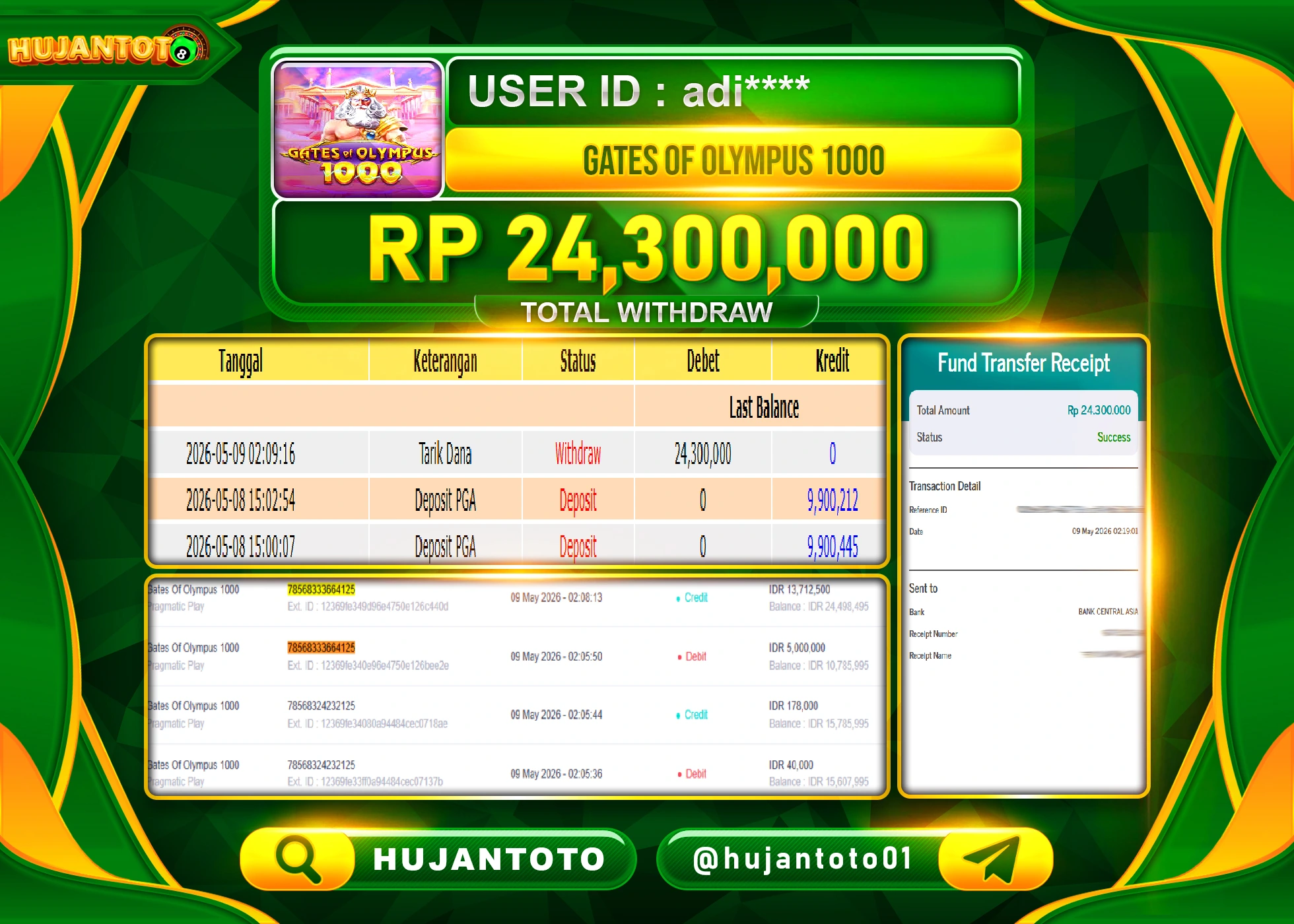 HUJANTOTO - BUKTI JACKPOT MENANG SLOT GATES OF OLYMPUS 1000 Rp.24,300,000 - TERBAYAR LUNAS
