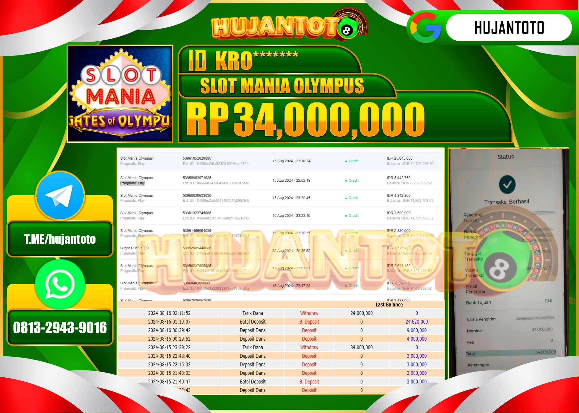 HUJANTOTO MENANG BESAR DI PERMAINAN SLOT MANIA OLYMPUS  34.000.000 - LUNAS 