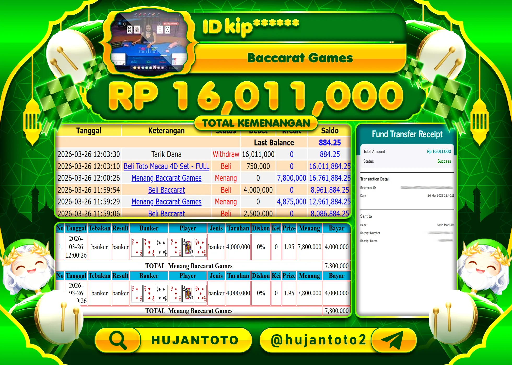 HUJANTOTO - BUKTI JACKPOT MENANG LIVEGAMES BACCARAT GAMES Rp.16,011,000 - TERBAYAR LUNAS