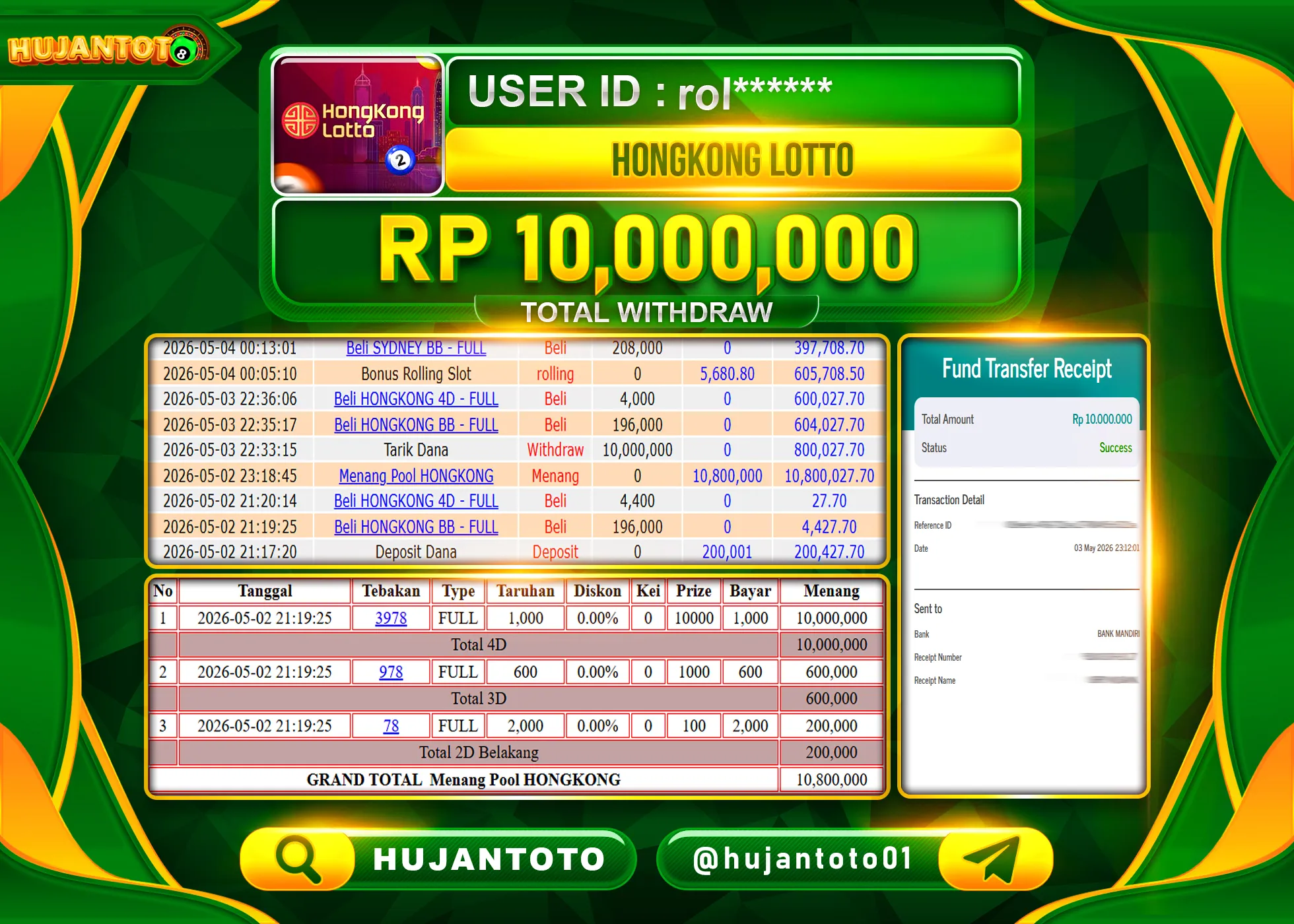 HUJANTOTO - BUKTI JACKPOT MENANG TOGEL HONGKONG LOTTO Rp.10,000,000 - TERBAYAR LUNAS