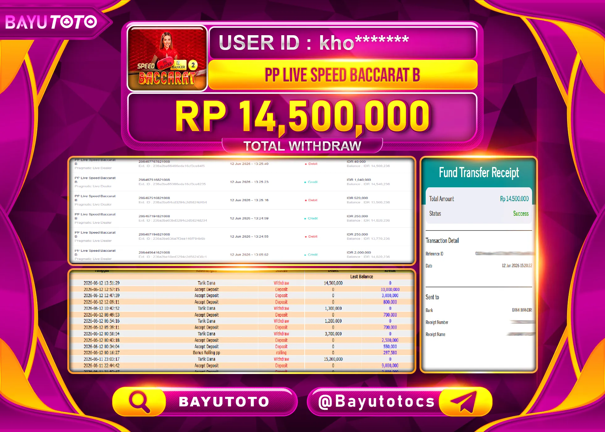 SELAMAT MEMBER SETIA BAYUTOTO JACKPOT DI PP LIVE SPEED BACCARAT B Rp. 14,500,000 LUNAS