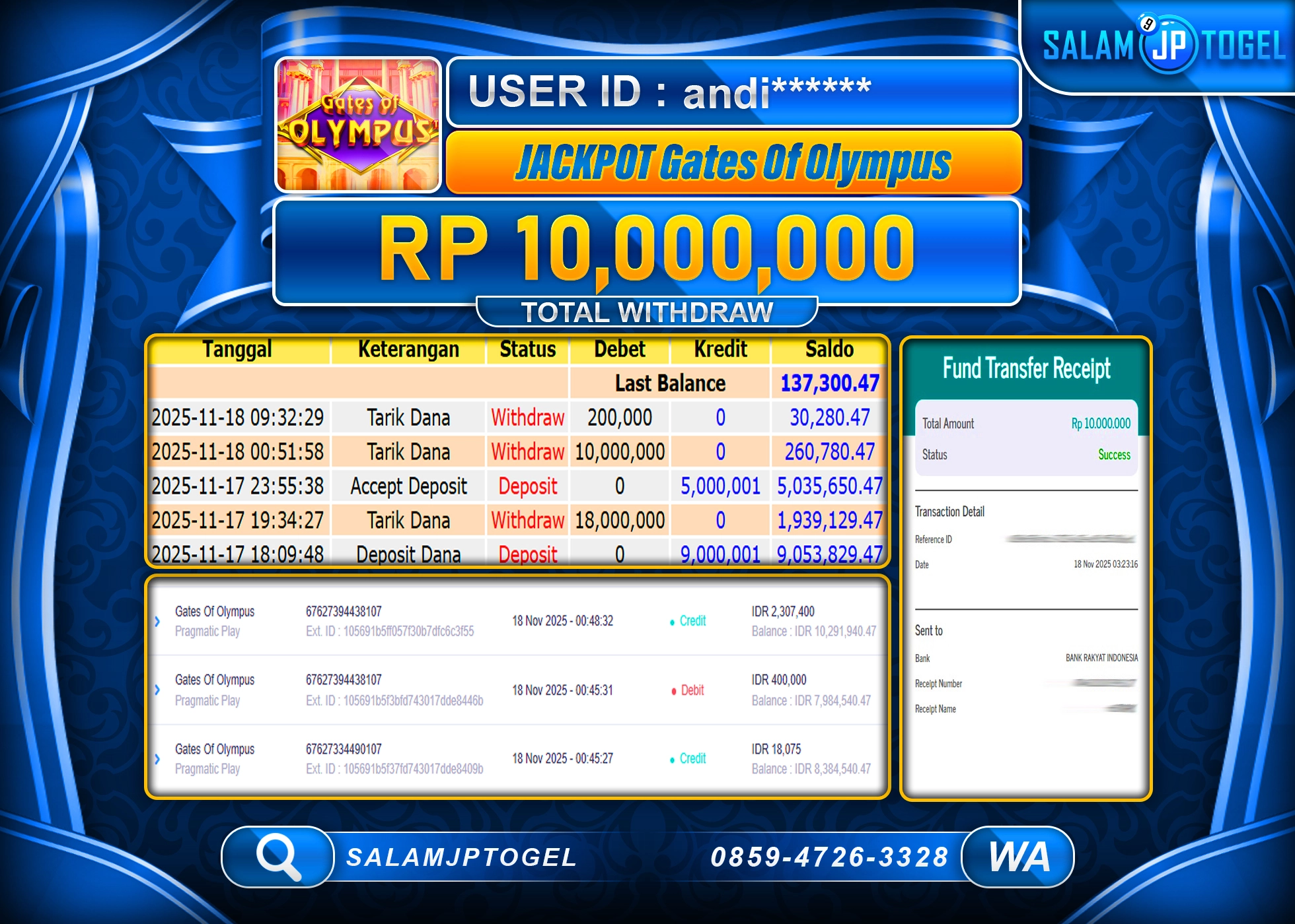 SALAMJPTOGEL MENANG SLOT GATES OF OLYMPUS Rp.10,000,000  - LUNAS
