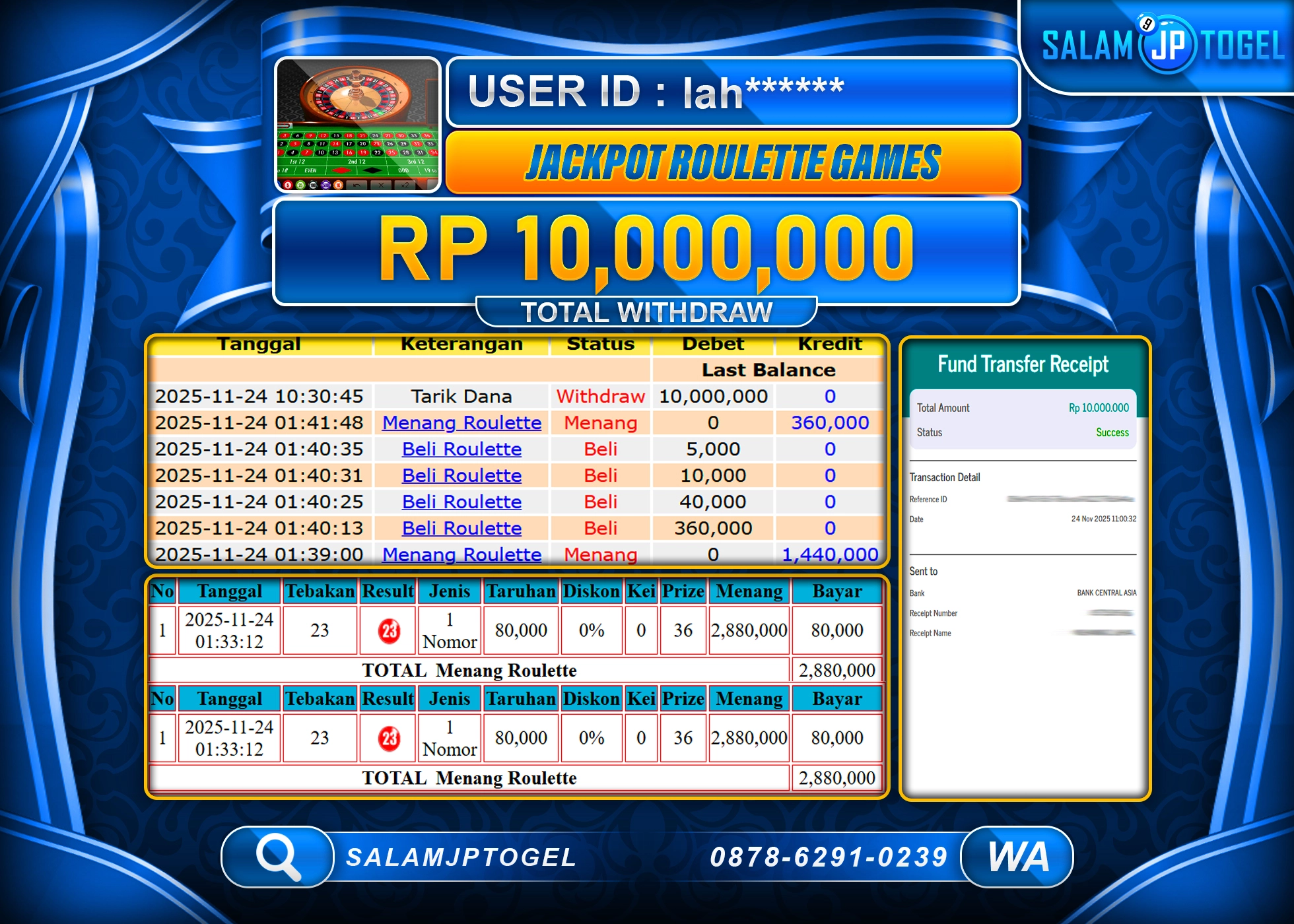 SALAMJPTOGEL MENANG JACKPOT ROULETTE GAMES  Rp.10,000,000  - LUNAS