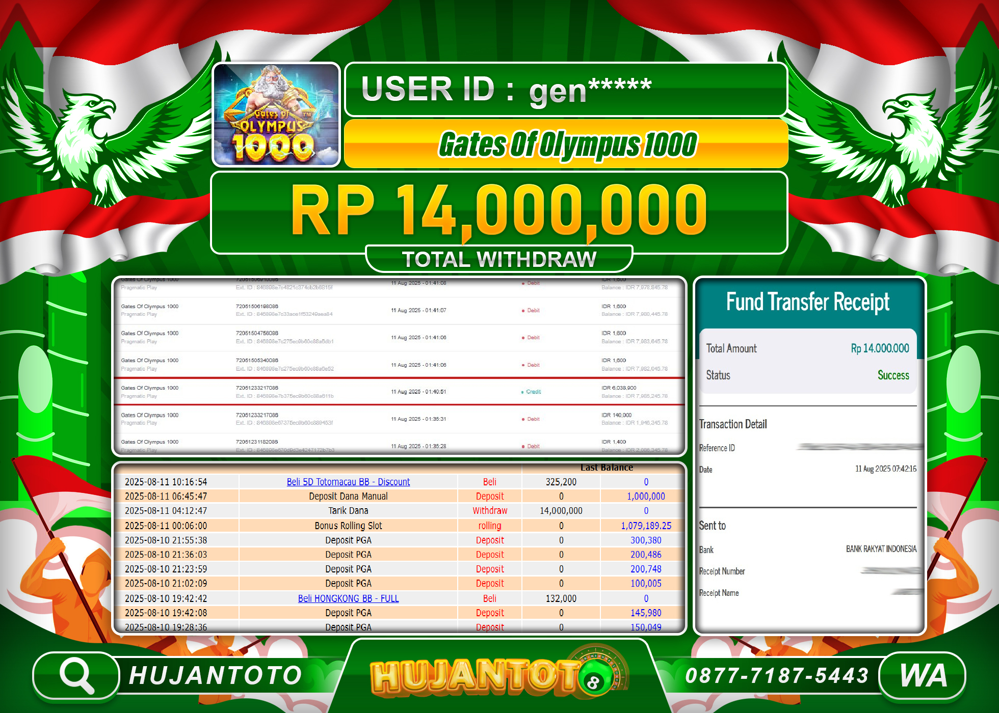 HUJANTOTO - BUKTI JACKPOT MENANG SLOT GATES OF OLYMPUS 1000 Rp.14,000,000 - TERBAYAR LUNAS