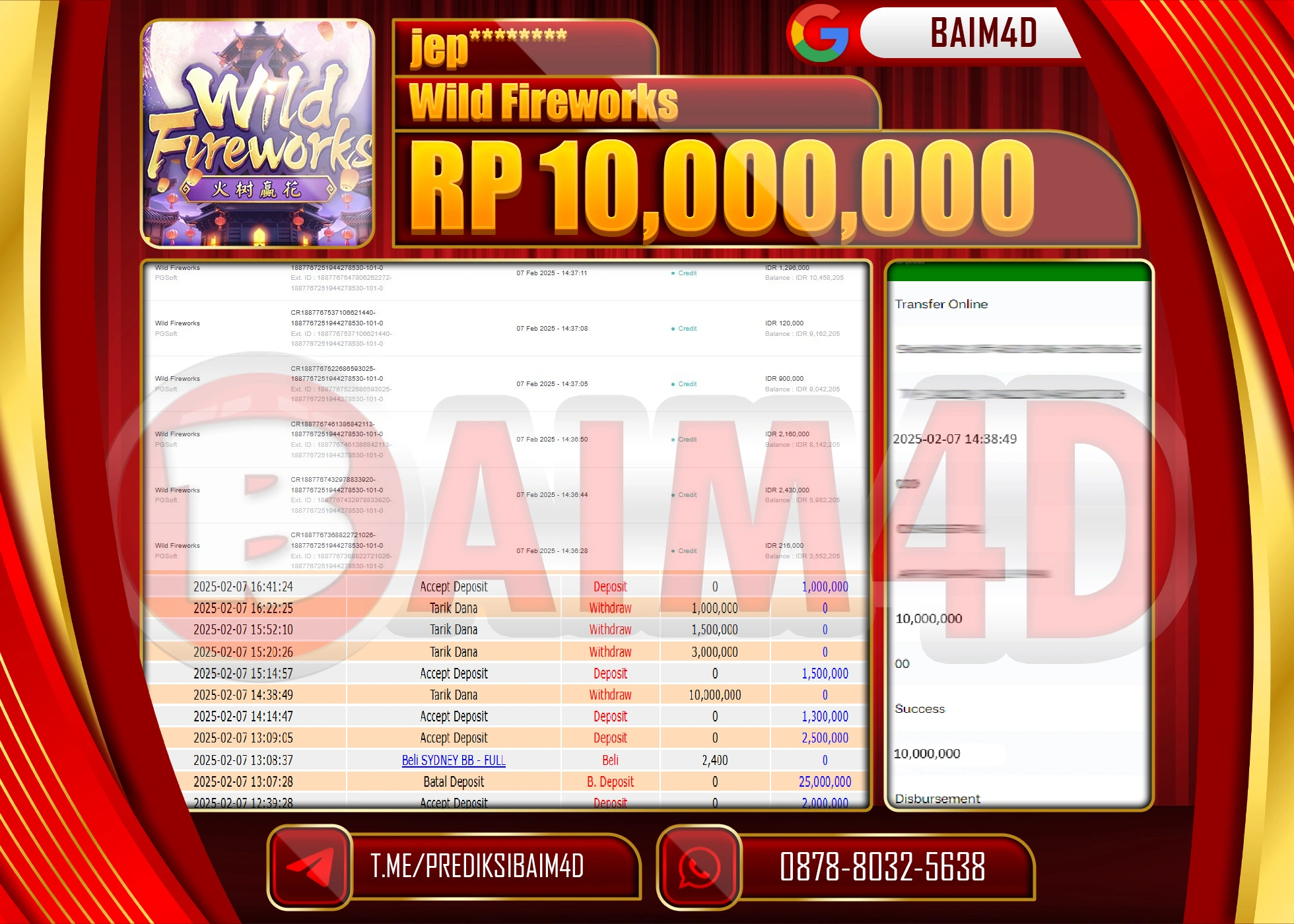 BAIM4D JACKPOT MENANG WILD FIREWORKS Rp.10.000,000.- LUNAS