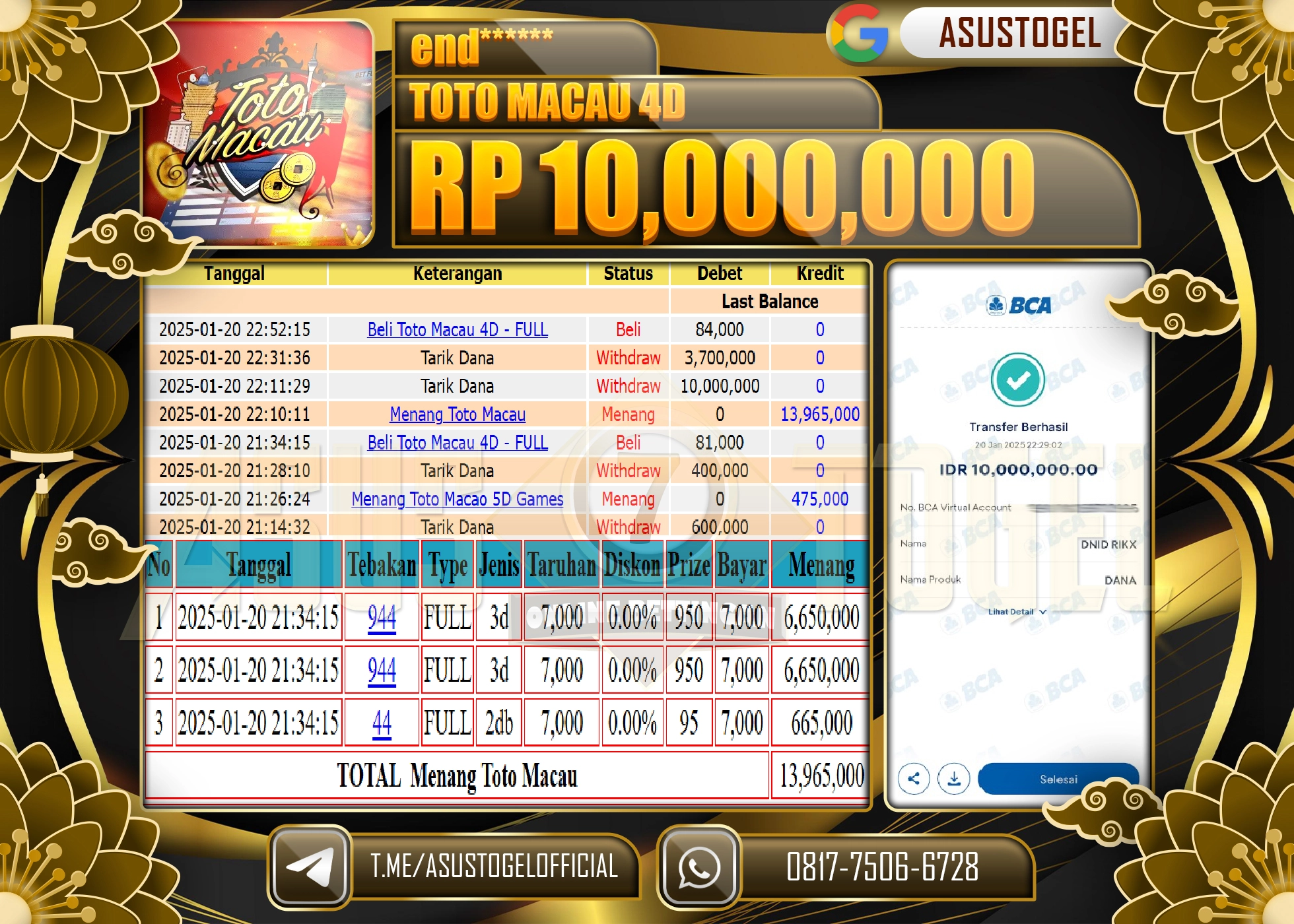ASUSTOGEL KEMENANGAN DI TOGEL TOTO MACAU 4D SEBESAR 10.000.000 - RUPIAH LUNAS