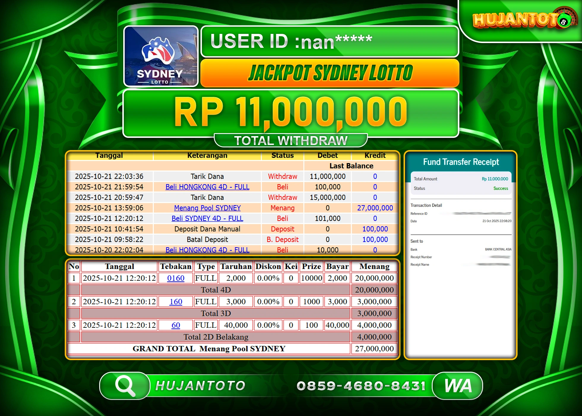 HUJANTOTO - BUKTI JACKPOT MENANG PERMAINAN TOGEL SYDNEY LOTTO Rp.11,000,000 - TERBAYAR LUNAS
