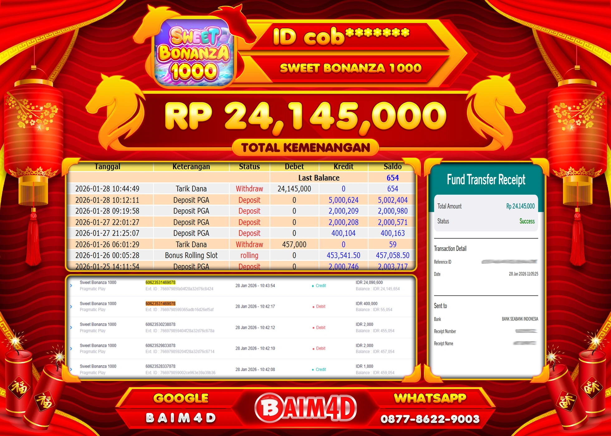 BAIM4D JACKPOT  SLOT SWEET BONANZA 1000 Rp.24,145,000 - LUNAS