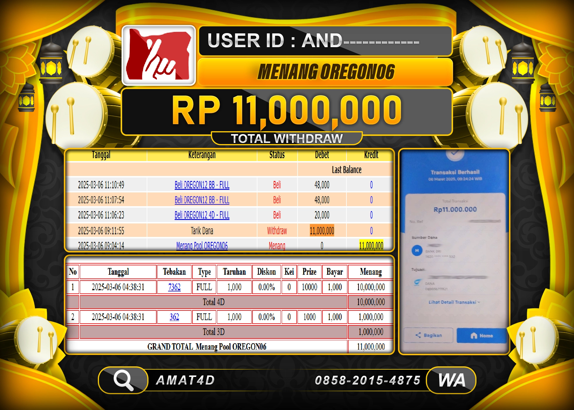 AMAT4D KEMENANGAN TOGEL OREGON 06 Rp.11.000.000 BERHASIL TERBAYAR LUNAS