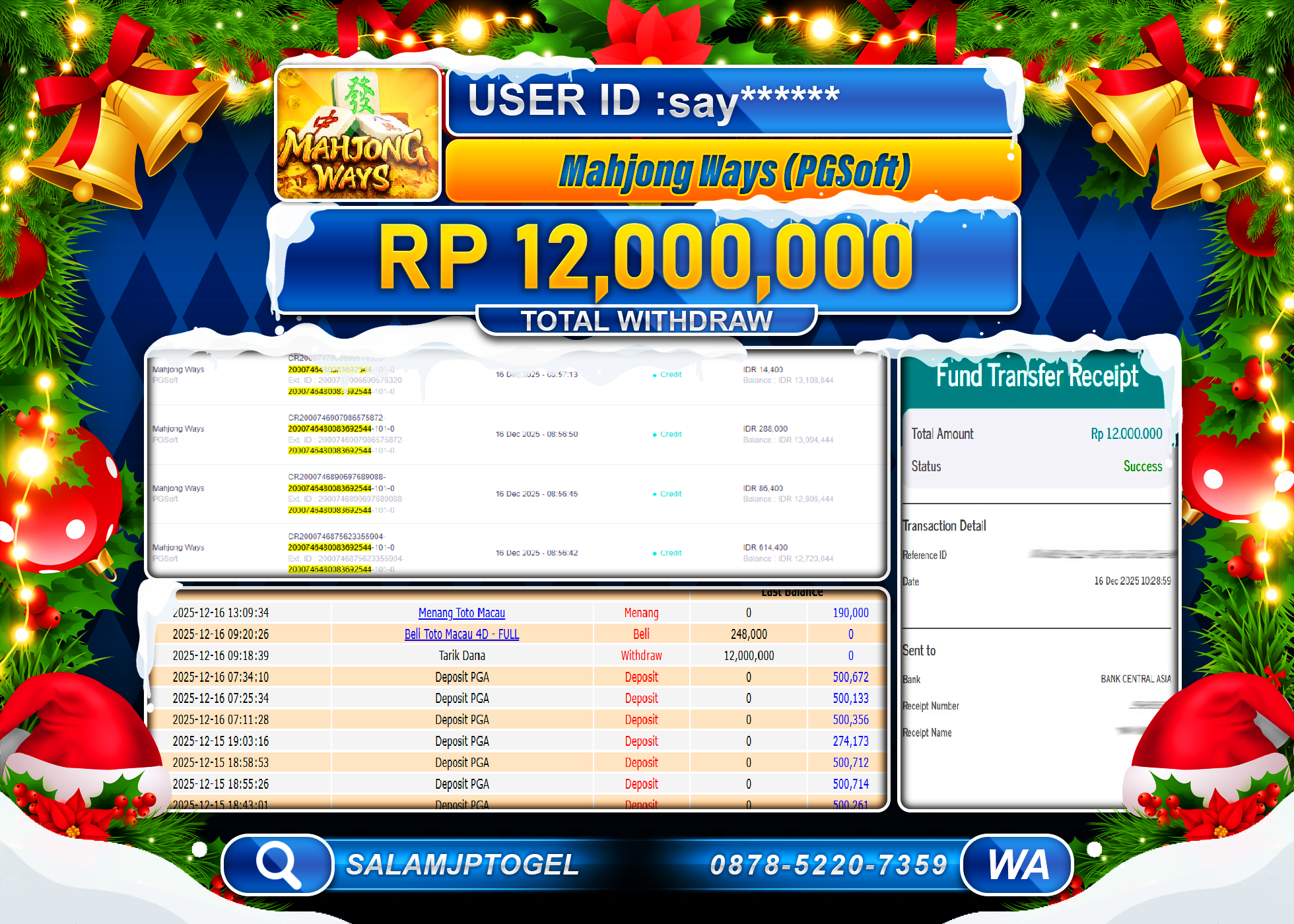 SALAMJPTOGEL JACKPOT MAHJONG WAYS PG SOFT Rp.12,000,000 - LUNAS