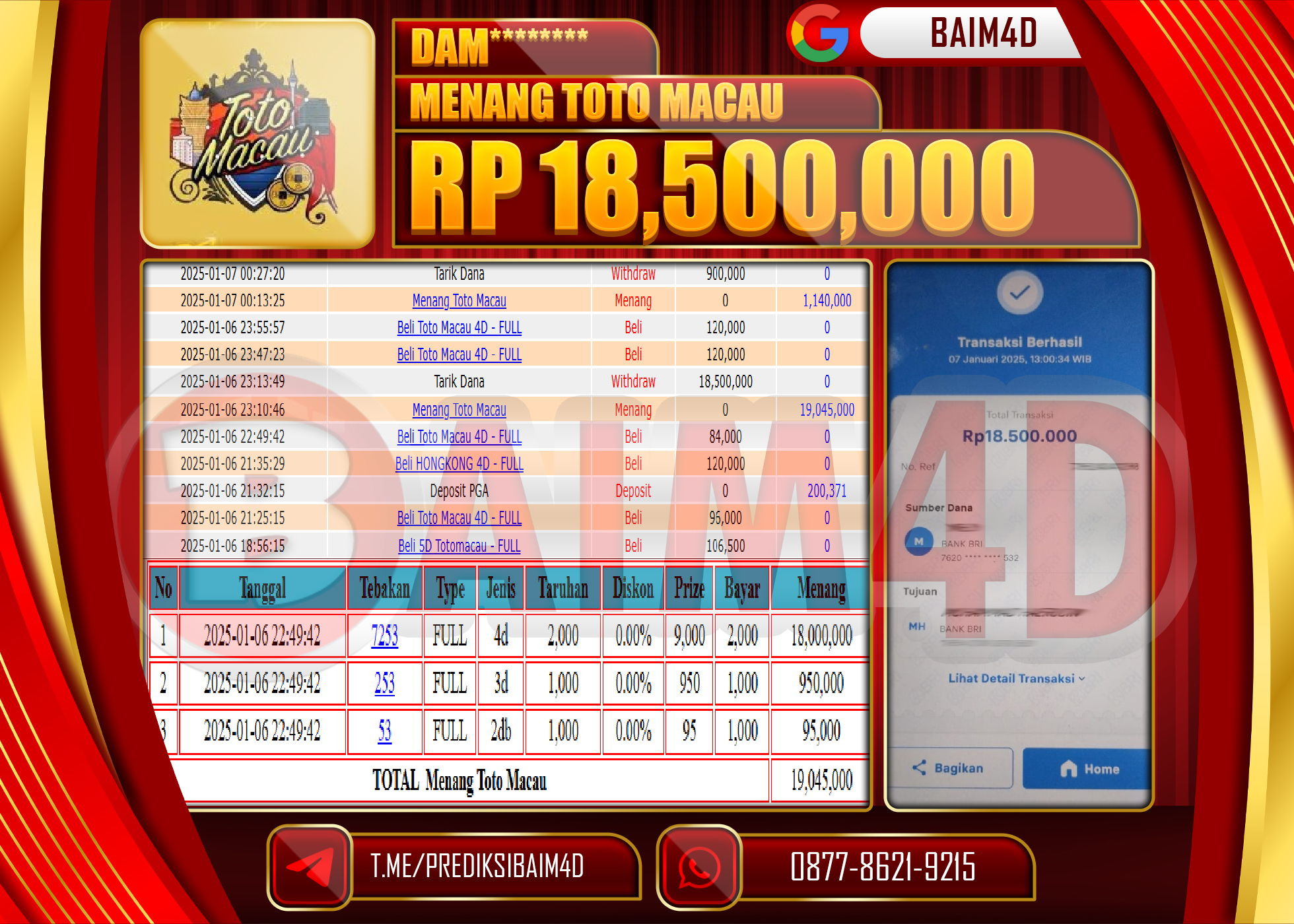 BAIM4D JACKPOT TOGEL TOTO MACAU 4D Rp.18.500,000.- LUNAS