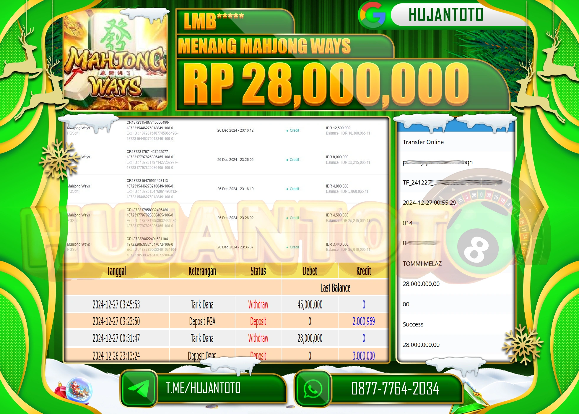 HUJANTOTO SELAMAT ATAS KEMENANGAN YANG DI RAIH DI PERMAINAN SLOT MAHJONG WAYS SEBESAR 28,000,000 - TERBAYAR LUNAS