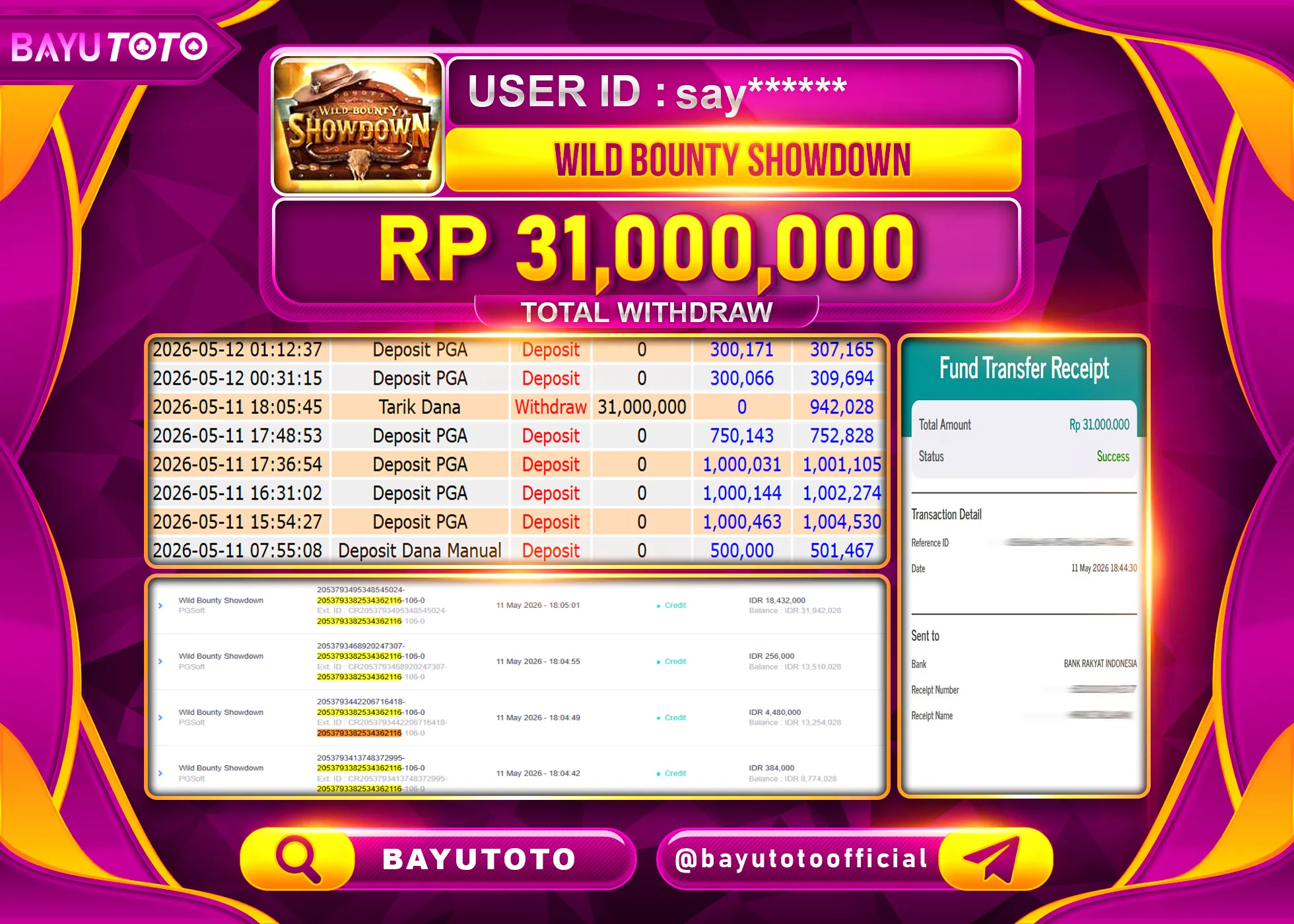 SELAMAT MEMBER SETIA BAYUTOTO JACKPOT DI SLOT WILD BOUNTY SHOWDOWN Rp. 31,000,000 LUNAS