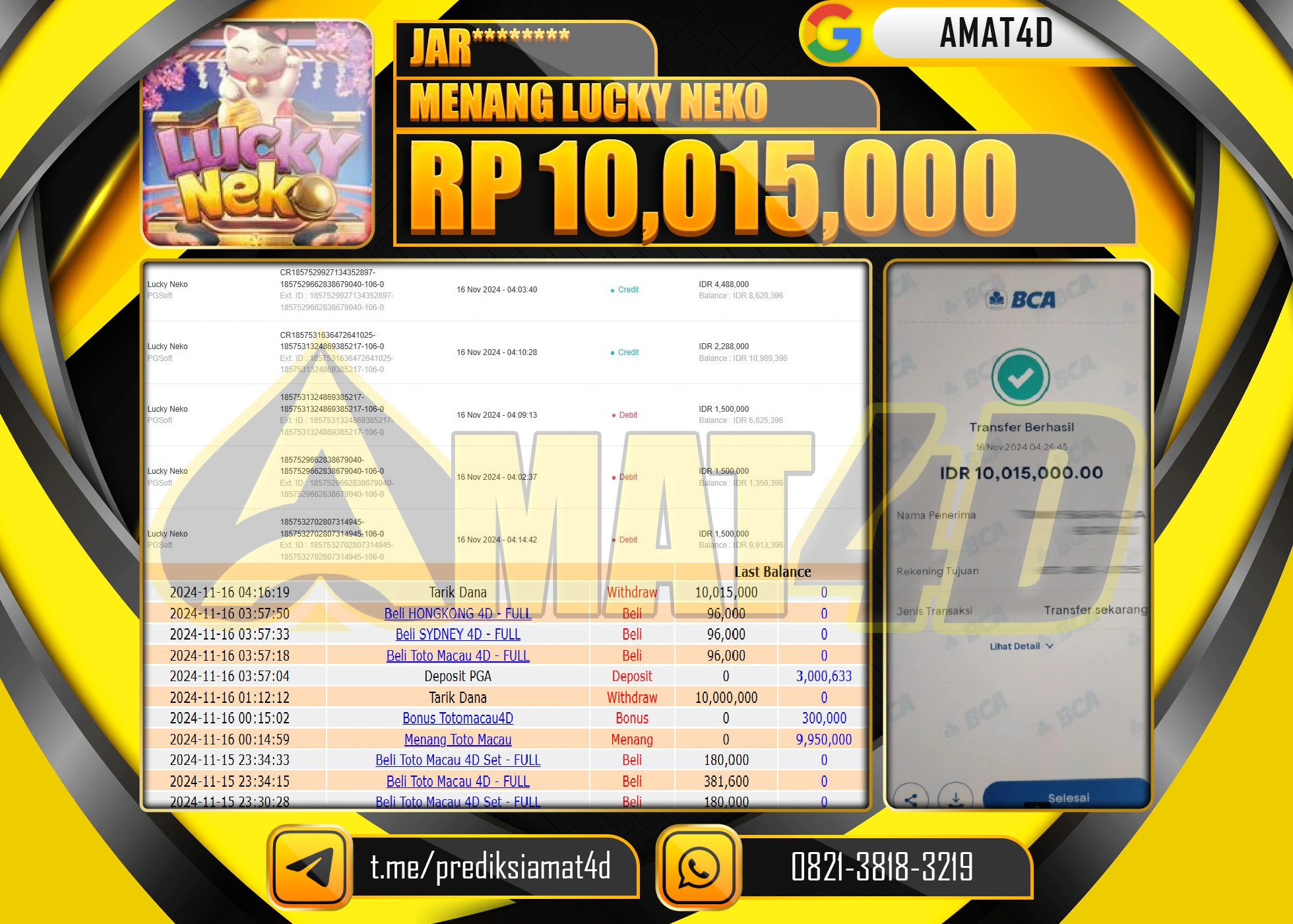 AMAT4D KEMENANGAN JACKPOT LUCKY NEKO Rp.10.015.000 BERHASIL TERBAYAR LUNAS !
