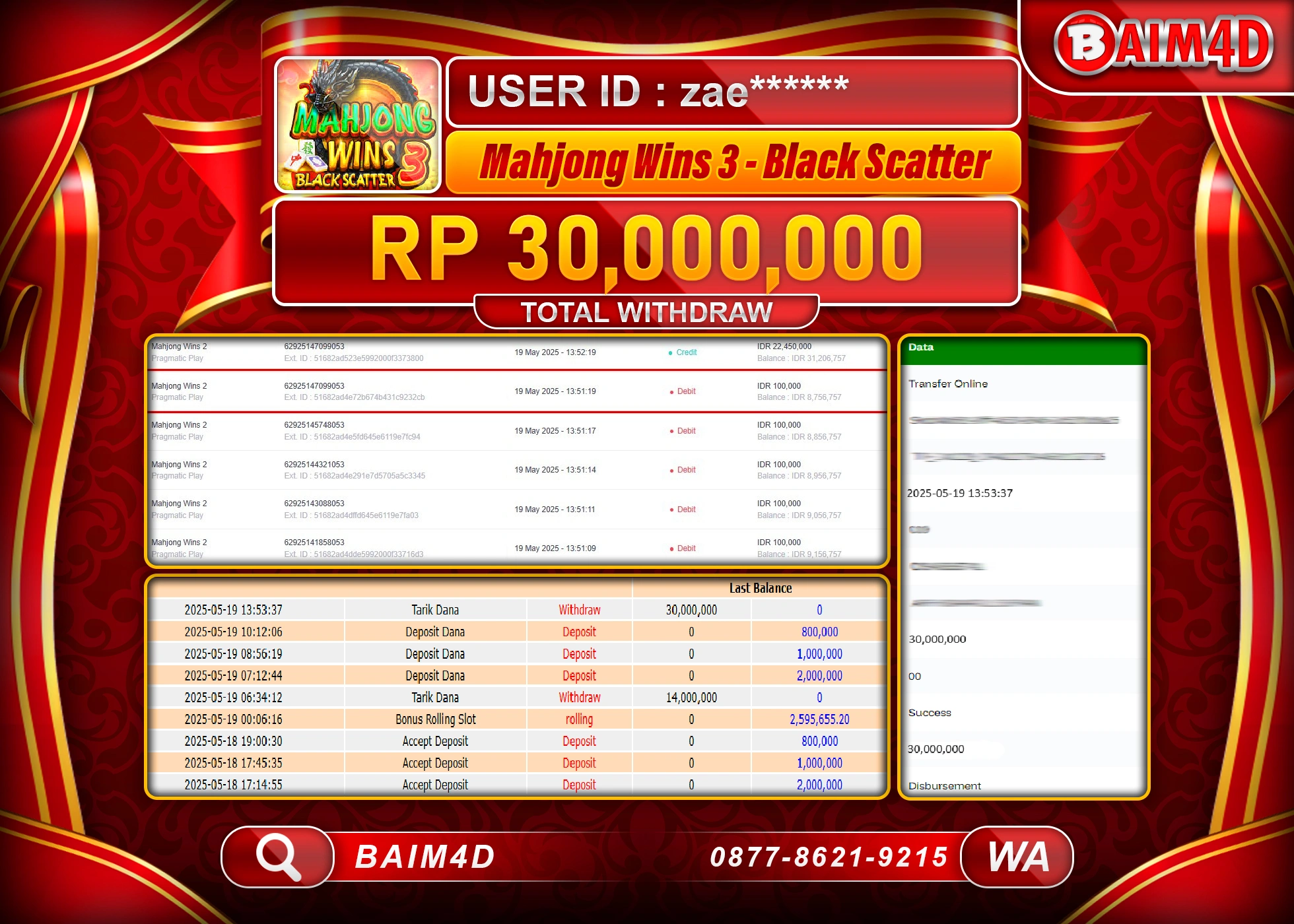 BAIM4D MENANG JACKPOT  MAHJONG WINS 3 Rp30,000,000 - LUNAS