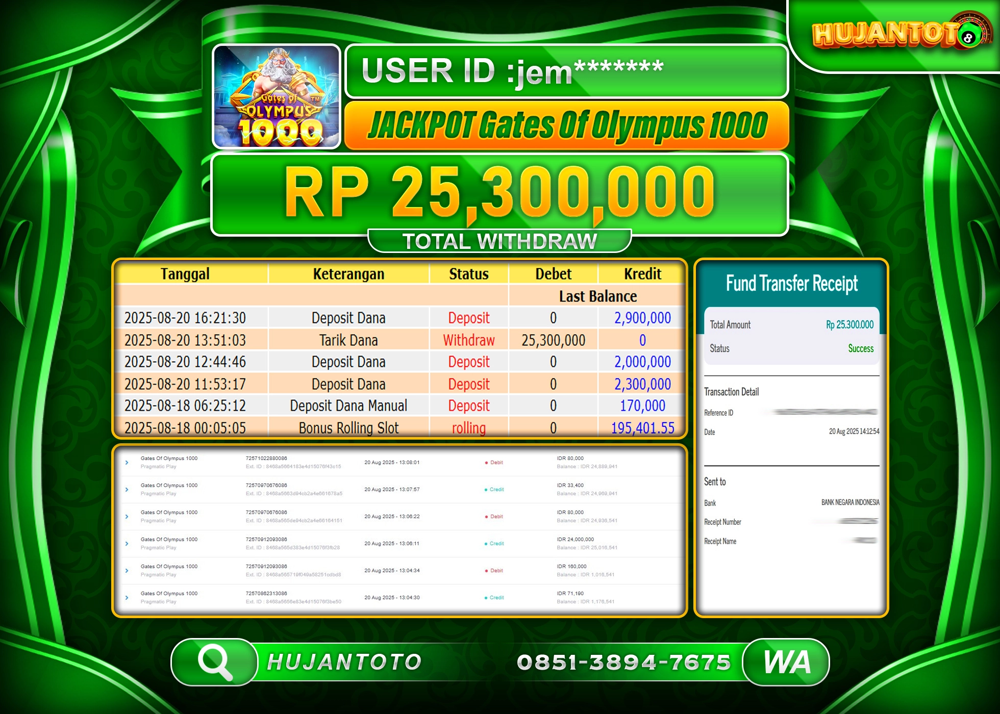 HUJANTOTO - BUKTI JACKPOT MENANG SLOT GATES OF OLYMPUS 1000 Rp.25,300,000 - TERBAYAR LUNAS