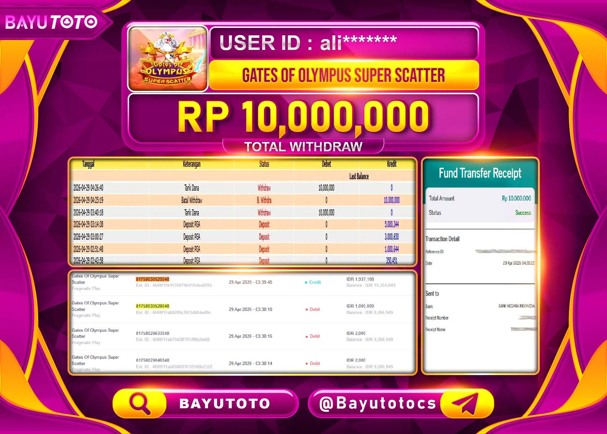 SELAMAT MEMBER SETIA BAYUTOTO JACKPOT DI SLOT GATES OF OLYMPUS SUPER SCATTER Rp. 10,000,000 LUNAS