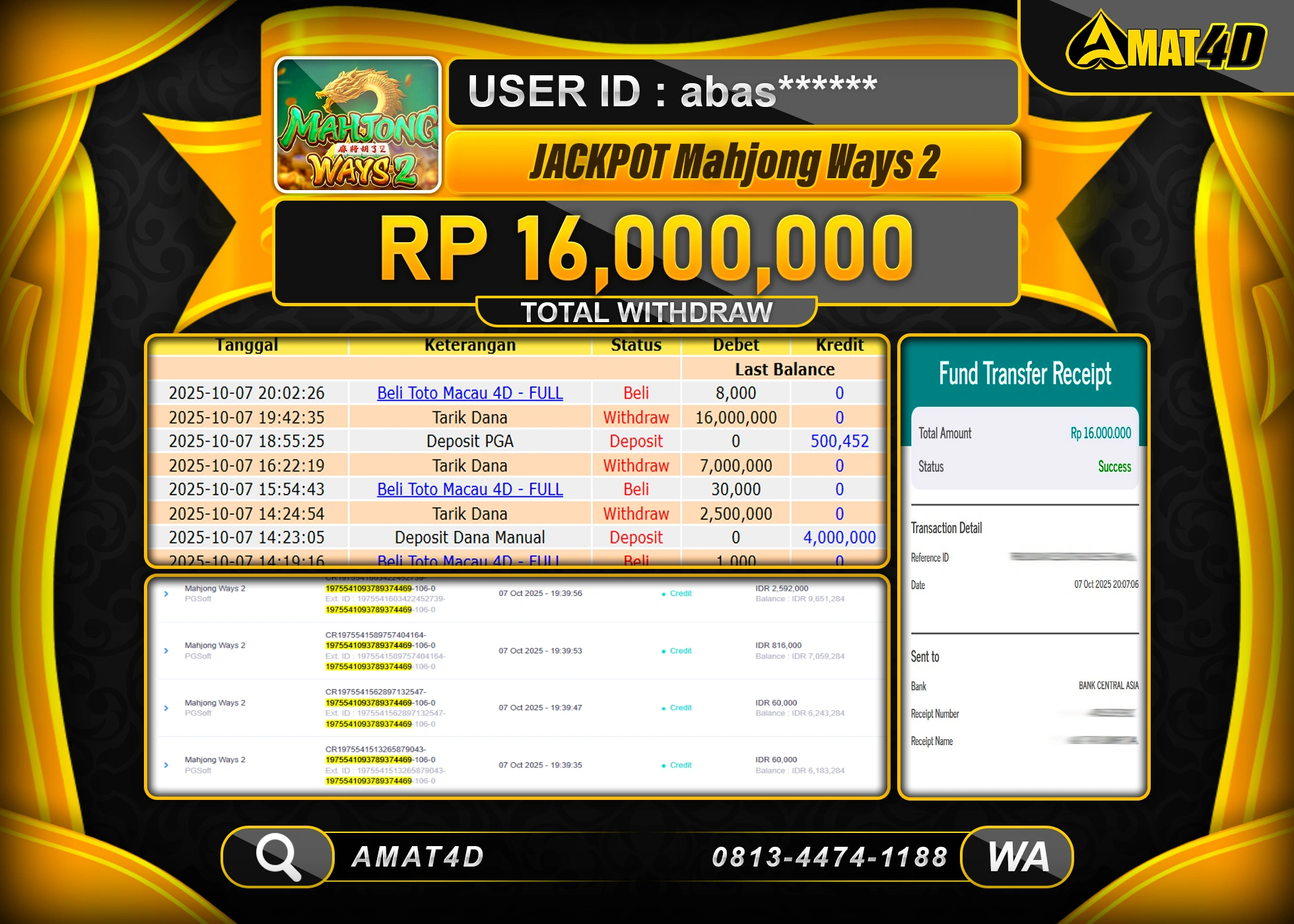 AMAT4D KEMENANGAN JACKPOT DI SLOT MAHJONG WAYS 2 Rp.16.000.000 BERHASIL TERBAYAR LUNAS
